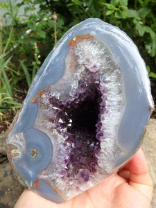 Shimmering Deep Druzy Cave of Amethyst Geode With Polished Blue Agate Matrix Standing Display Specimen From Uruguay