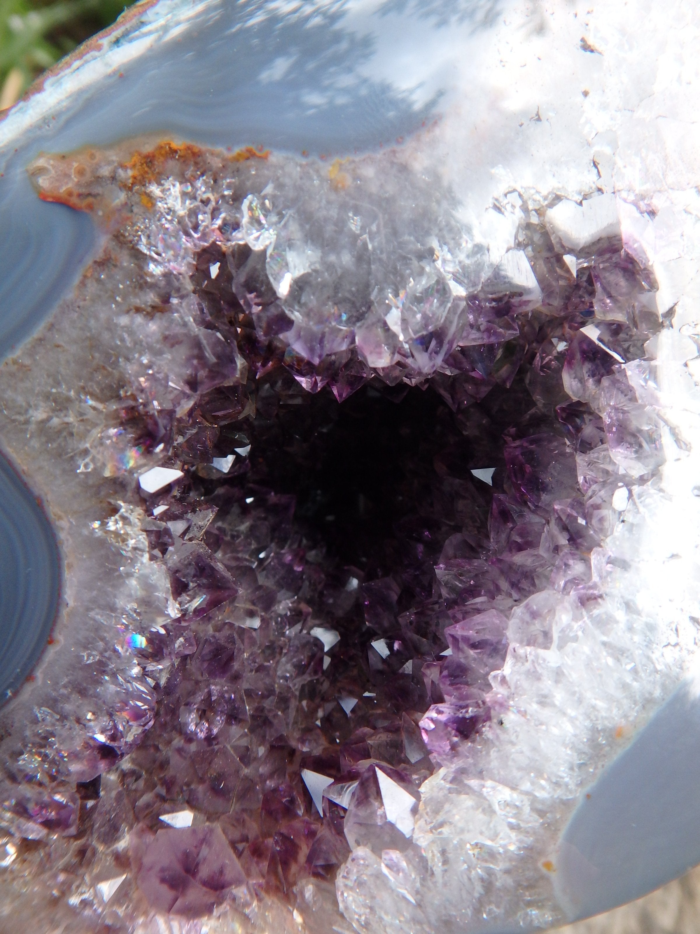 Shimmering Deep Druzy Cave of Amethyst Geode With Polished Blue Agate Matrix Standing Display Specimen From Uruguay