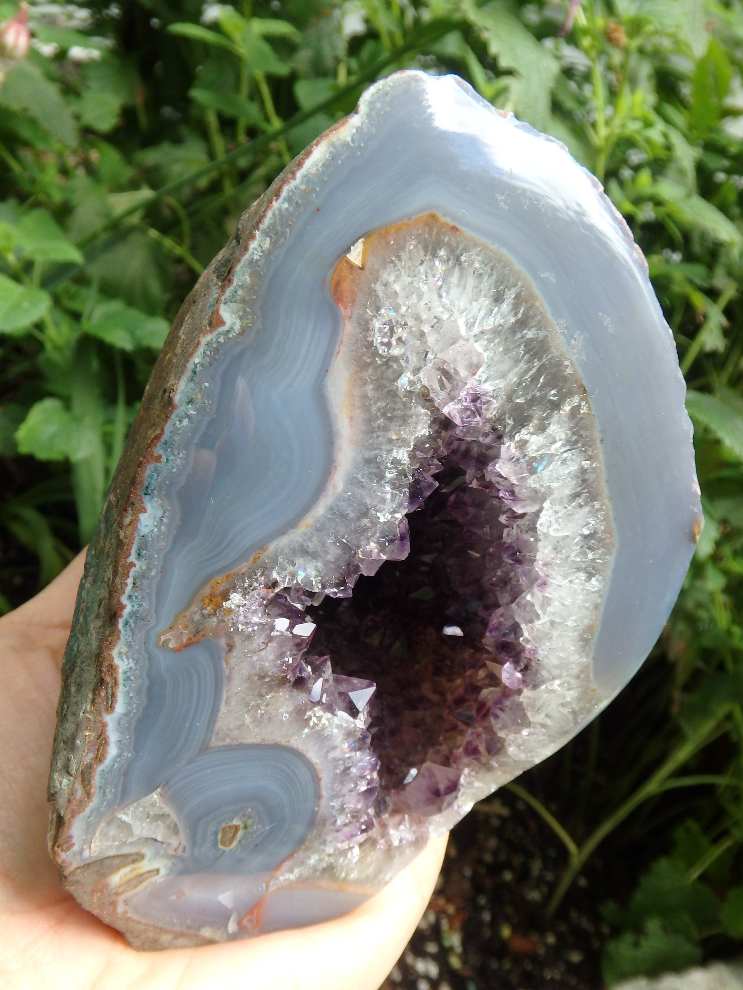 Shimmering Deep Druzy Cave of Amethyst Geode With Polished Blue Agate Matrix Standing Display Specimen From Uruguay