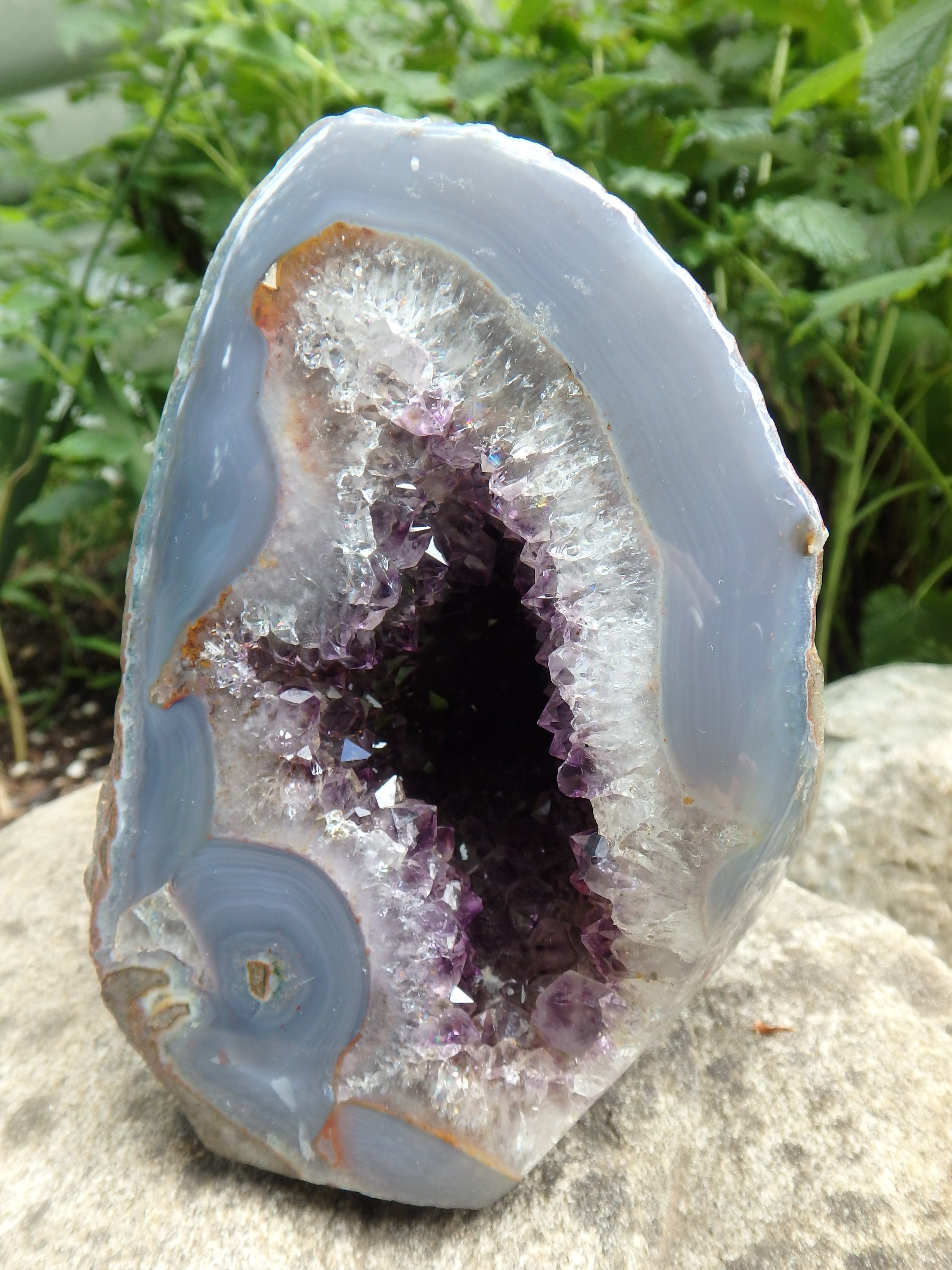 Shimmering Deep Druzy Cave of Amethyst Geode With Polished Blue Agate Matrix Standing Display Specimen From Uruguay