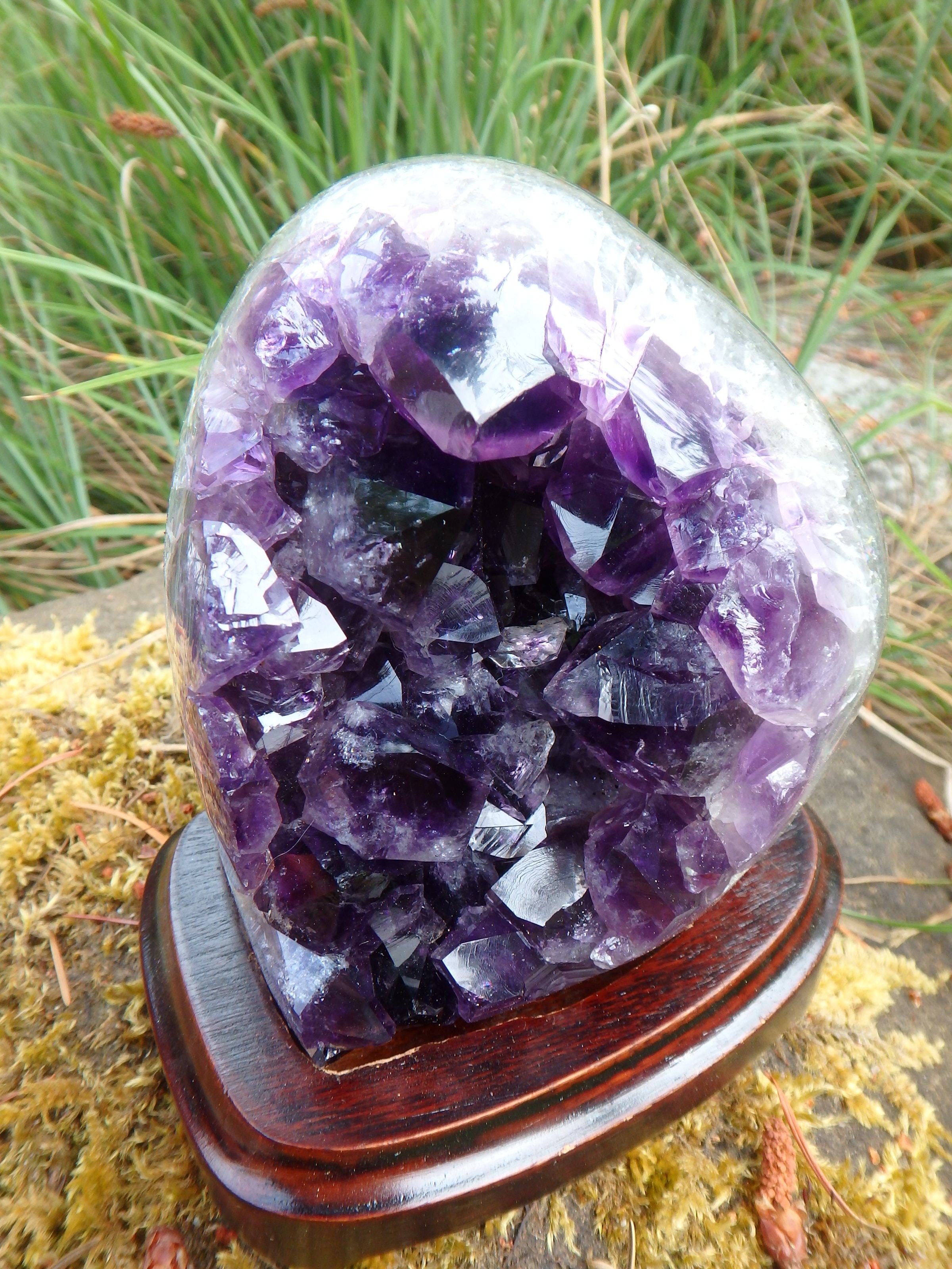 AA Grade Deep Purple Amethyst Free Form Specimen on Removable Wood Display Stand From Uruguay - Earth Family Crystals