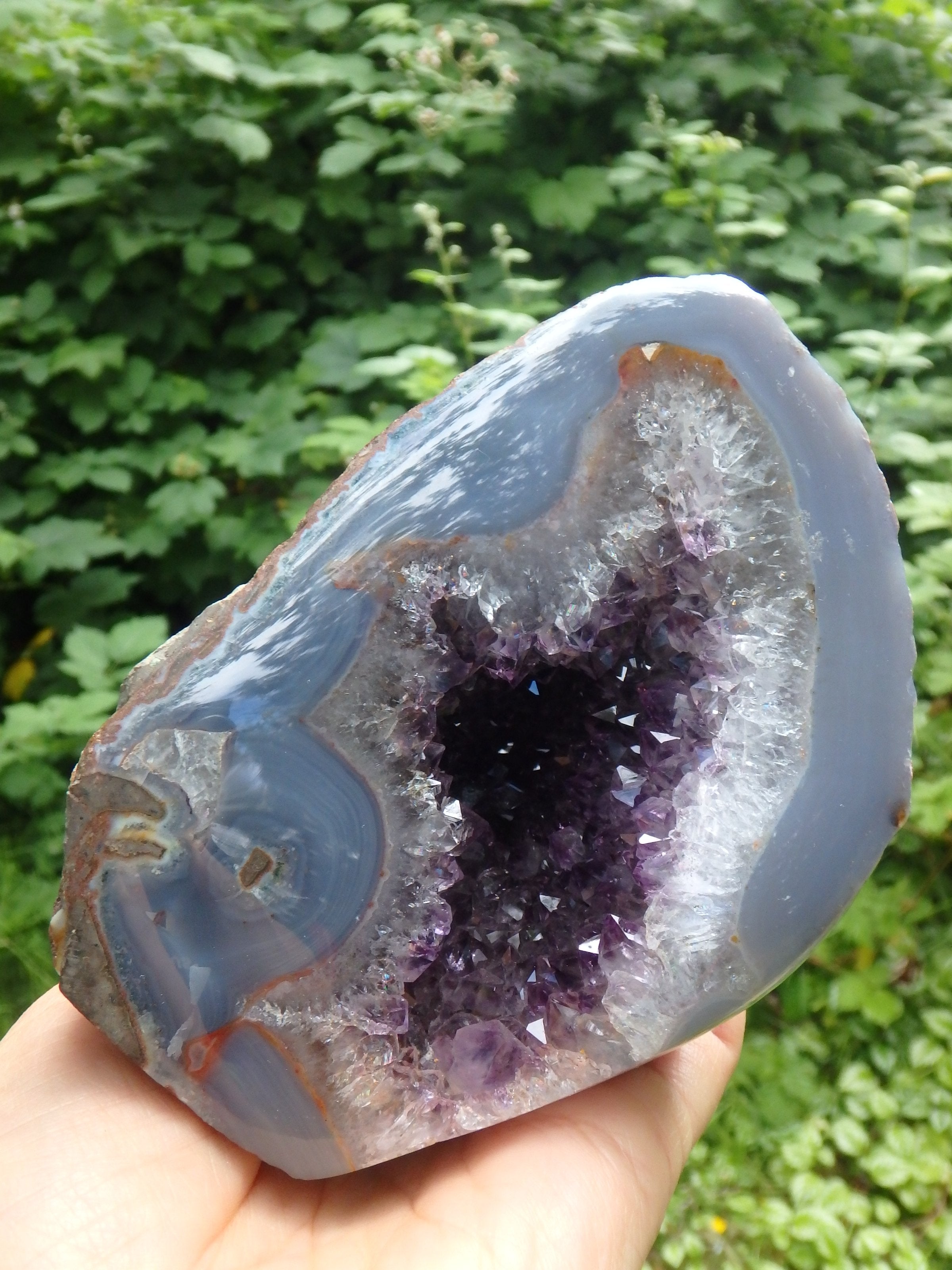 Shimmering Deep Druzy Cave of Amethyst Geode With Polished Blue Agate Matrix Standing Display Specimen From Uruguay