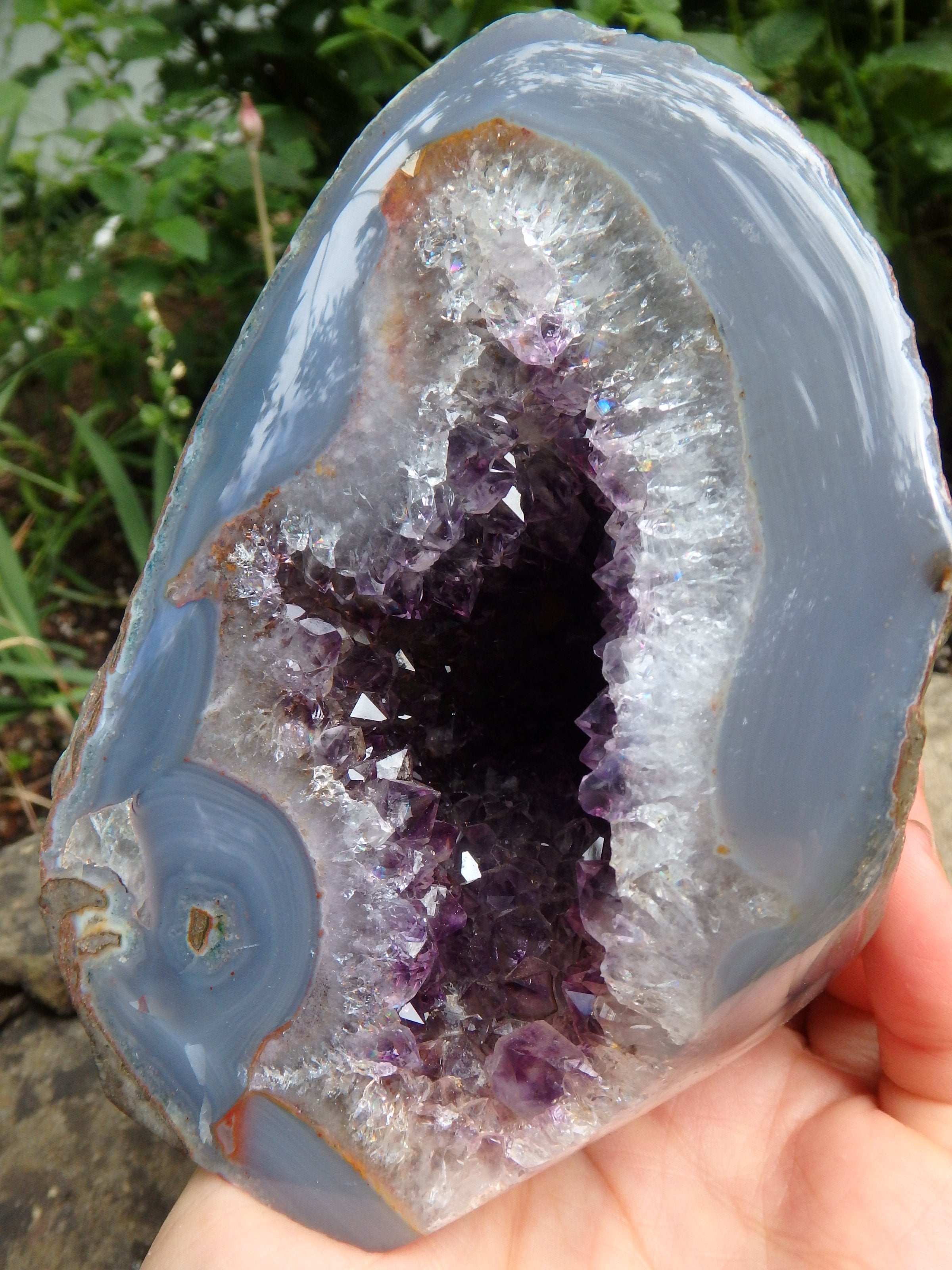 Shimmering Deep Druzy Cave of Amethyst Geode With Polished Blue Agate Matrix Standing Display Specimen From Uruguay