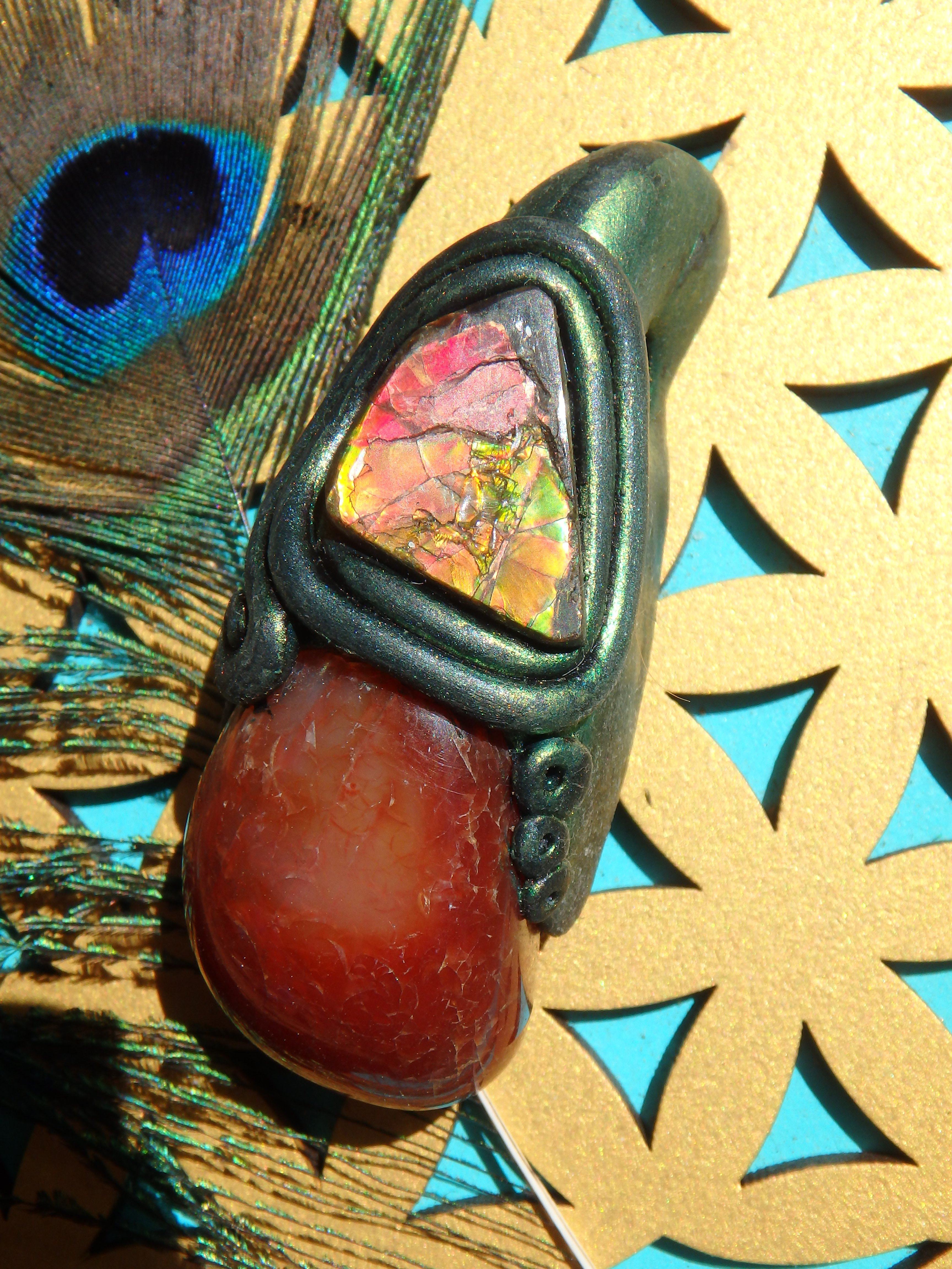 Chunky Orange Carnelian & Flashy Alberta Ammolite Handmade Energy Pendant (On Adjustable Cotton Cord) - Earth Family Crystals