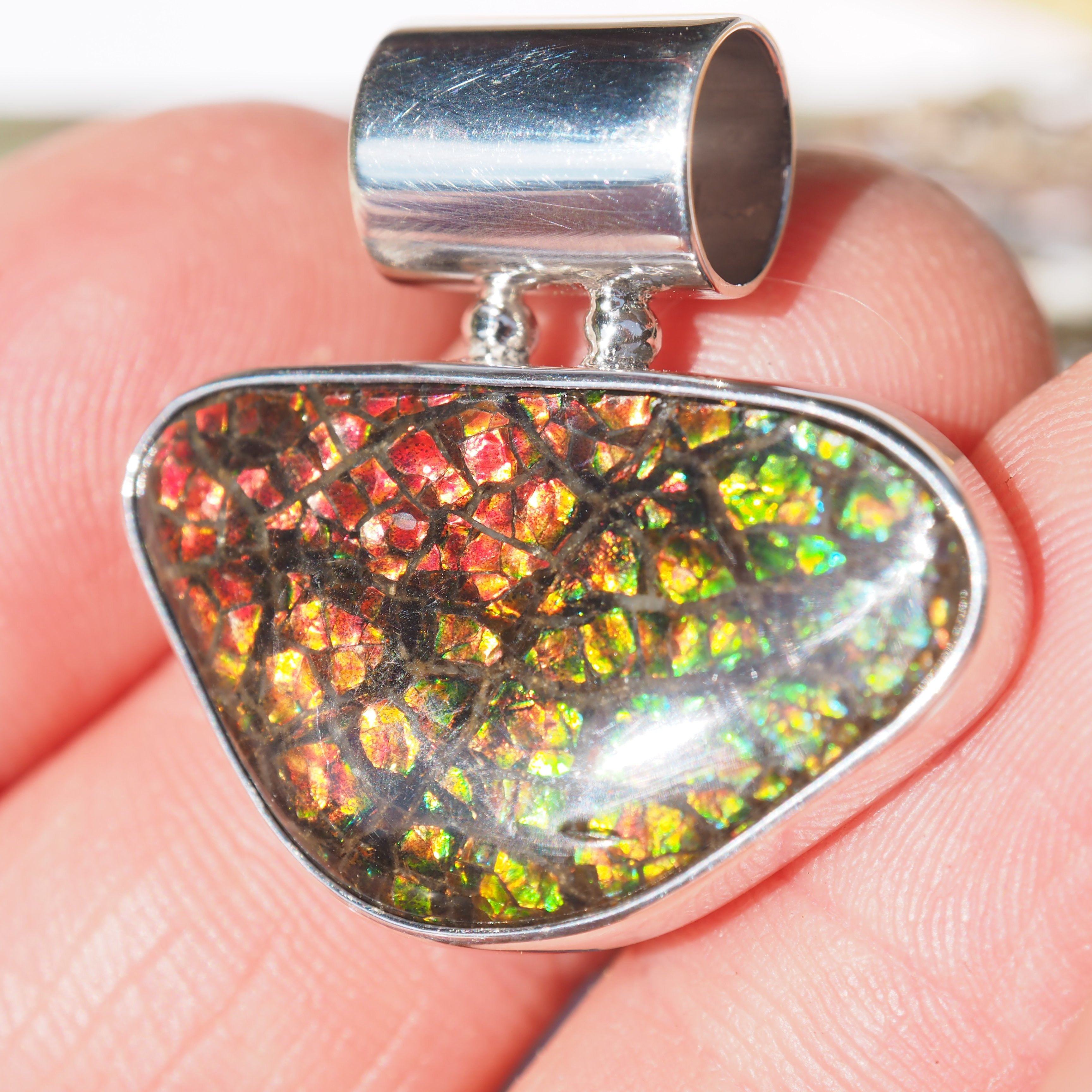 Beautiful Green & Red Alberta Ammolite Pendant in Sterling Silver (Includes Silver Chain) #1 - Earth Family Crystals