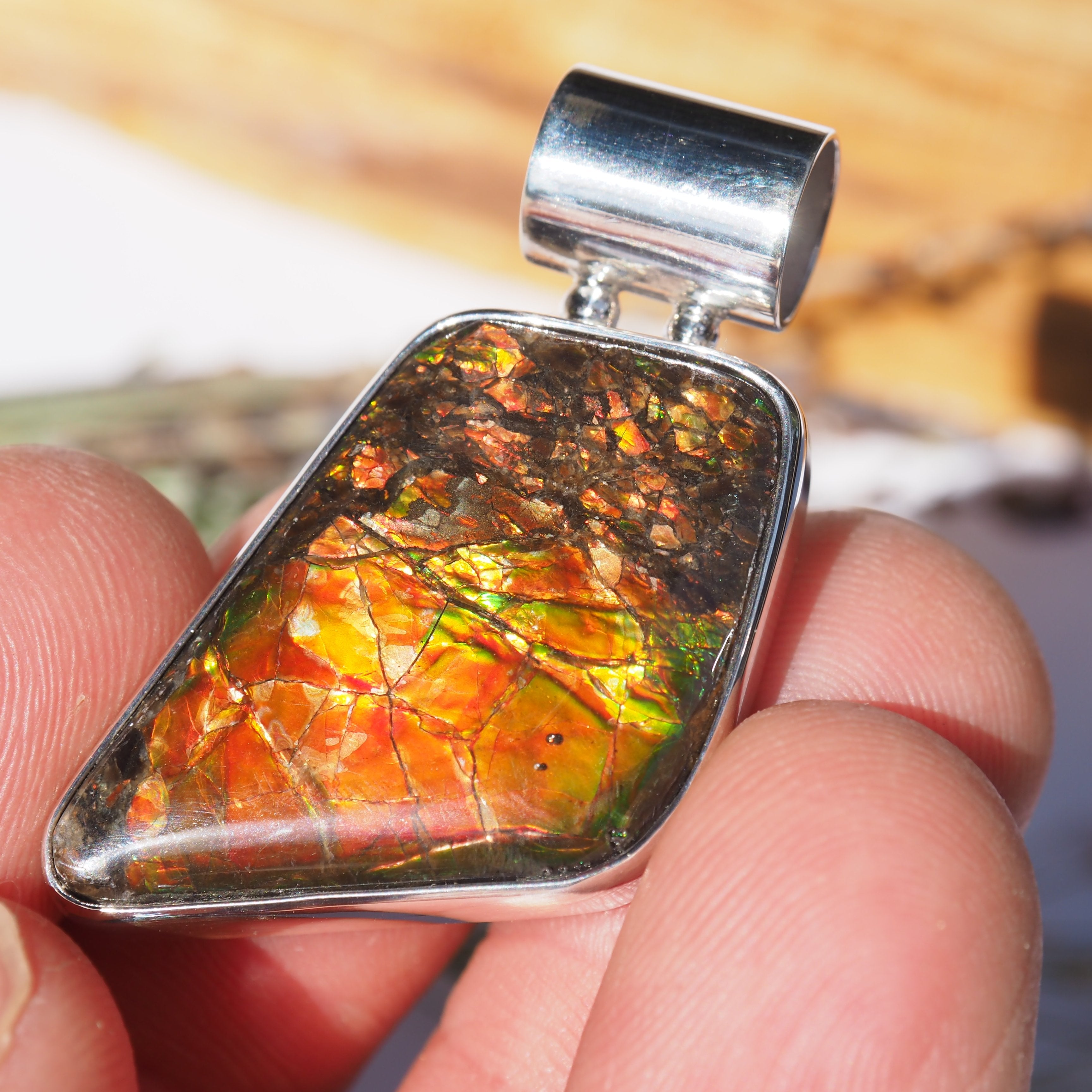 Fiery Red & Green Ammolite Pendant in Sterling Silver (Includes Silver Chain) #3 - Earth Family Crystals