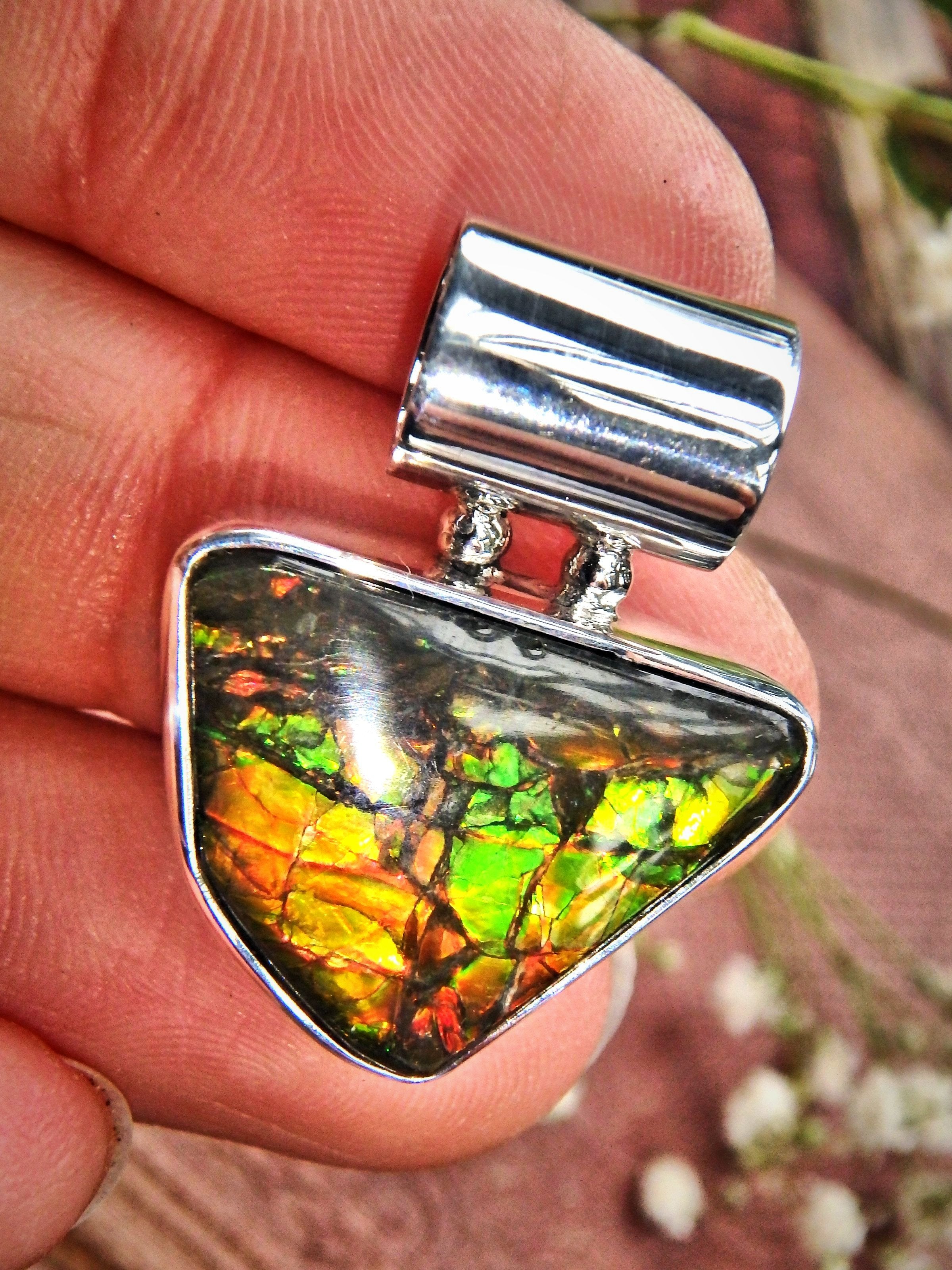 Stunning Flashes Alberta Ammolite Sterling Silver Pendant (Includes Silver Chain)1 - Earth Family Crystals