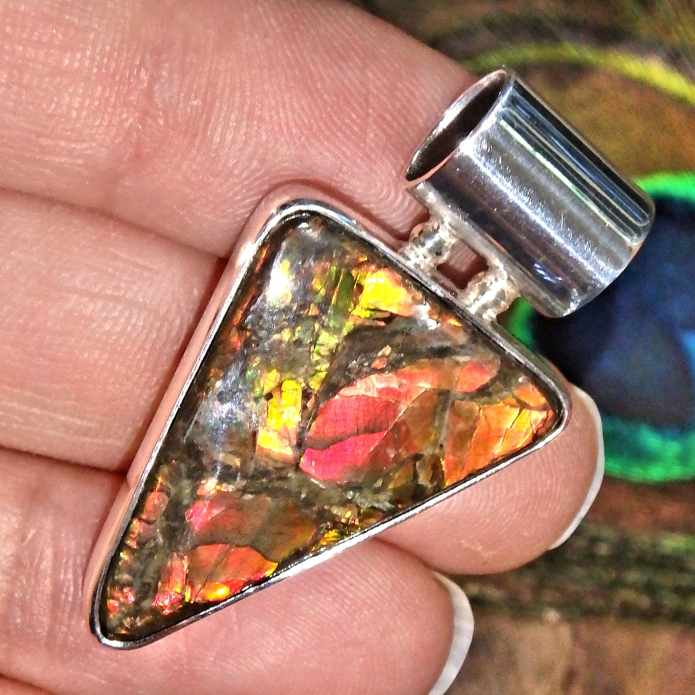 Gorgeous Bright Colors of Flash Alberta Ammolite Sterling Silver Pendant (Includes Silver Chain) - Earth Family Crystals