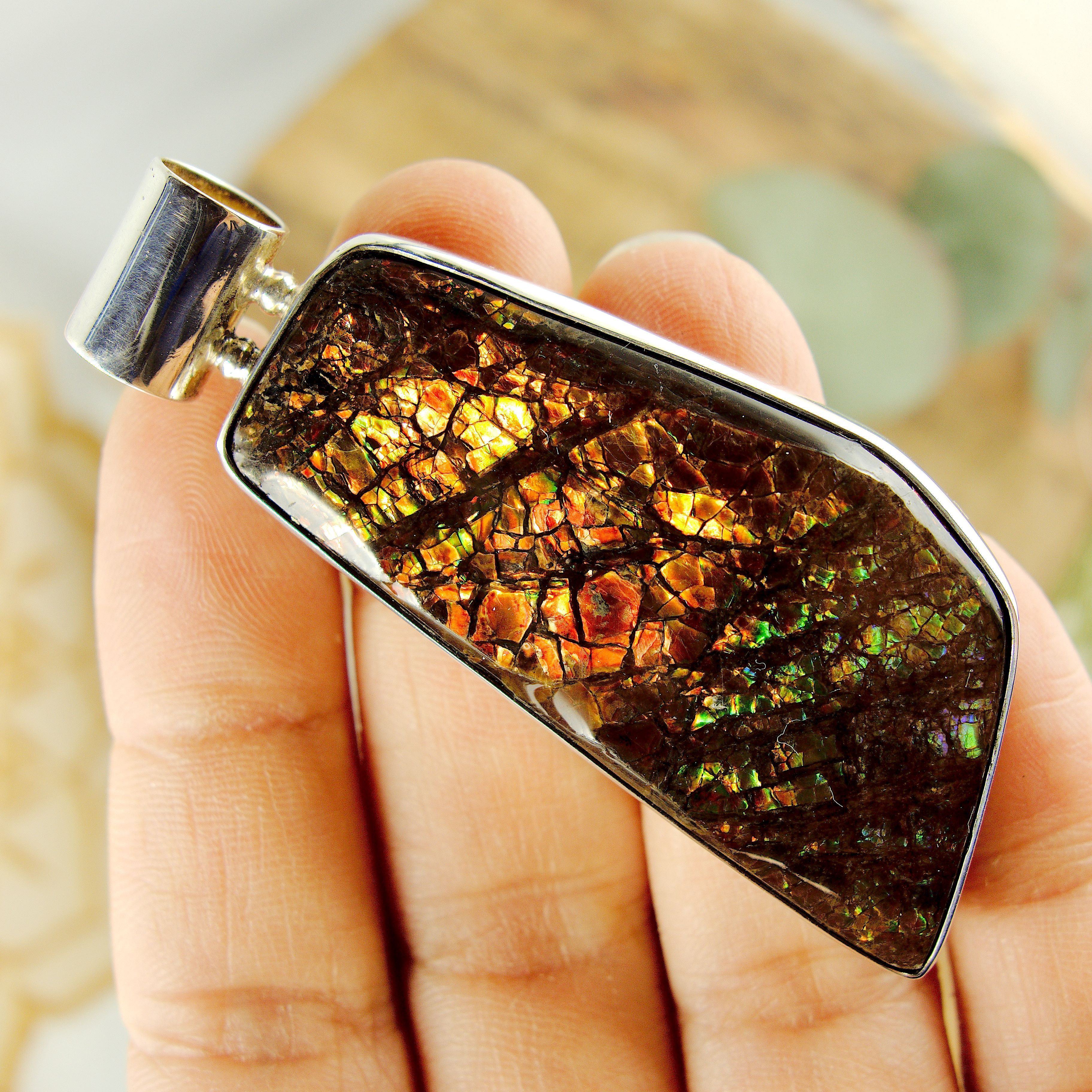 Chunky Shimmering Alberta Ammolite Pendant in Sterling Silver (Includes Silver Chain) - Earth Family Crystals