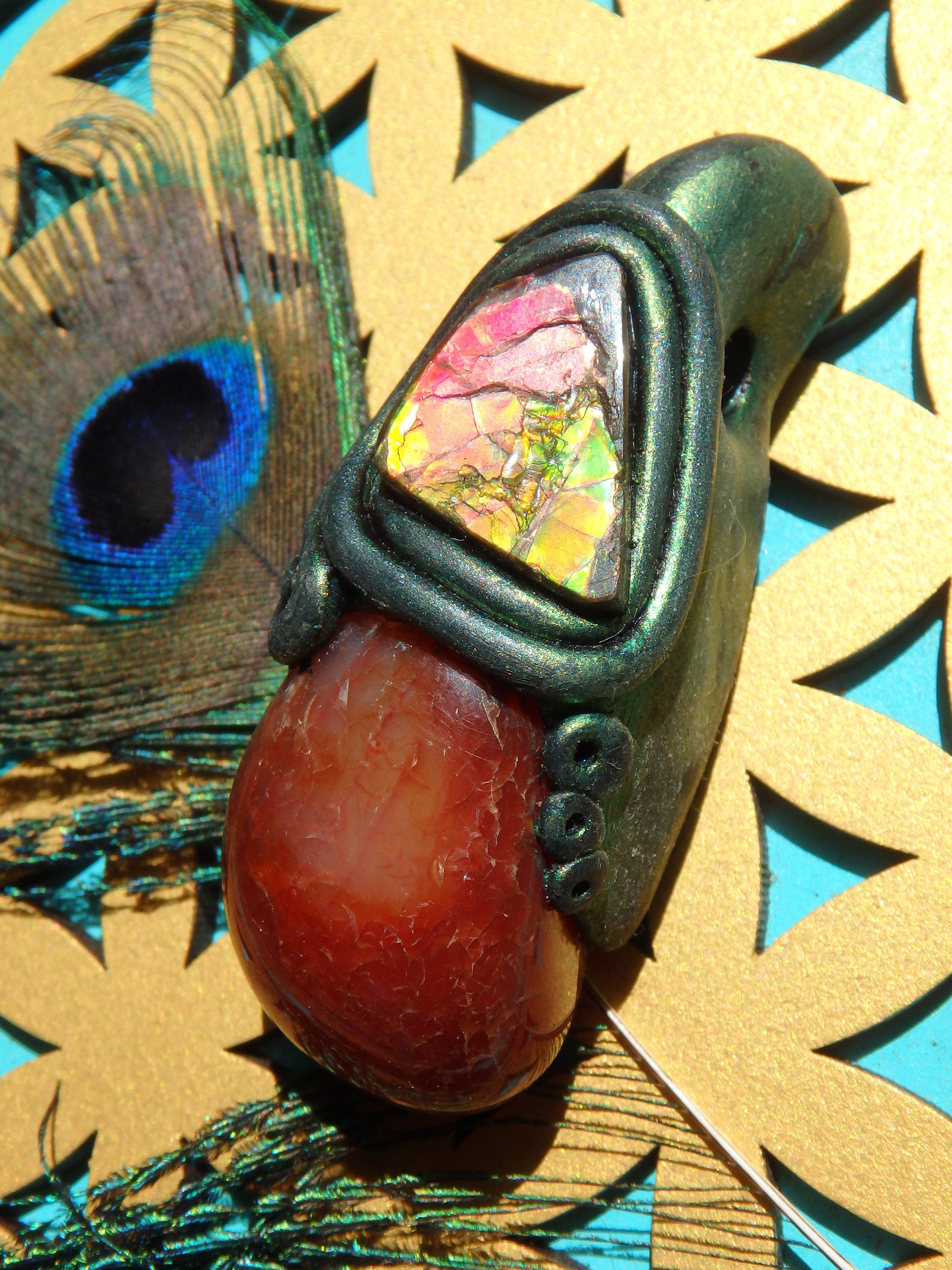 Chunky Orange Carnelian & Flashy Alberta Ammolite Handmade Energy Pendant (On Adjustable Cotton Cord) - Earth Family Crystals