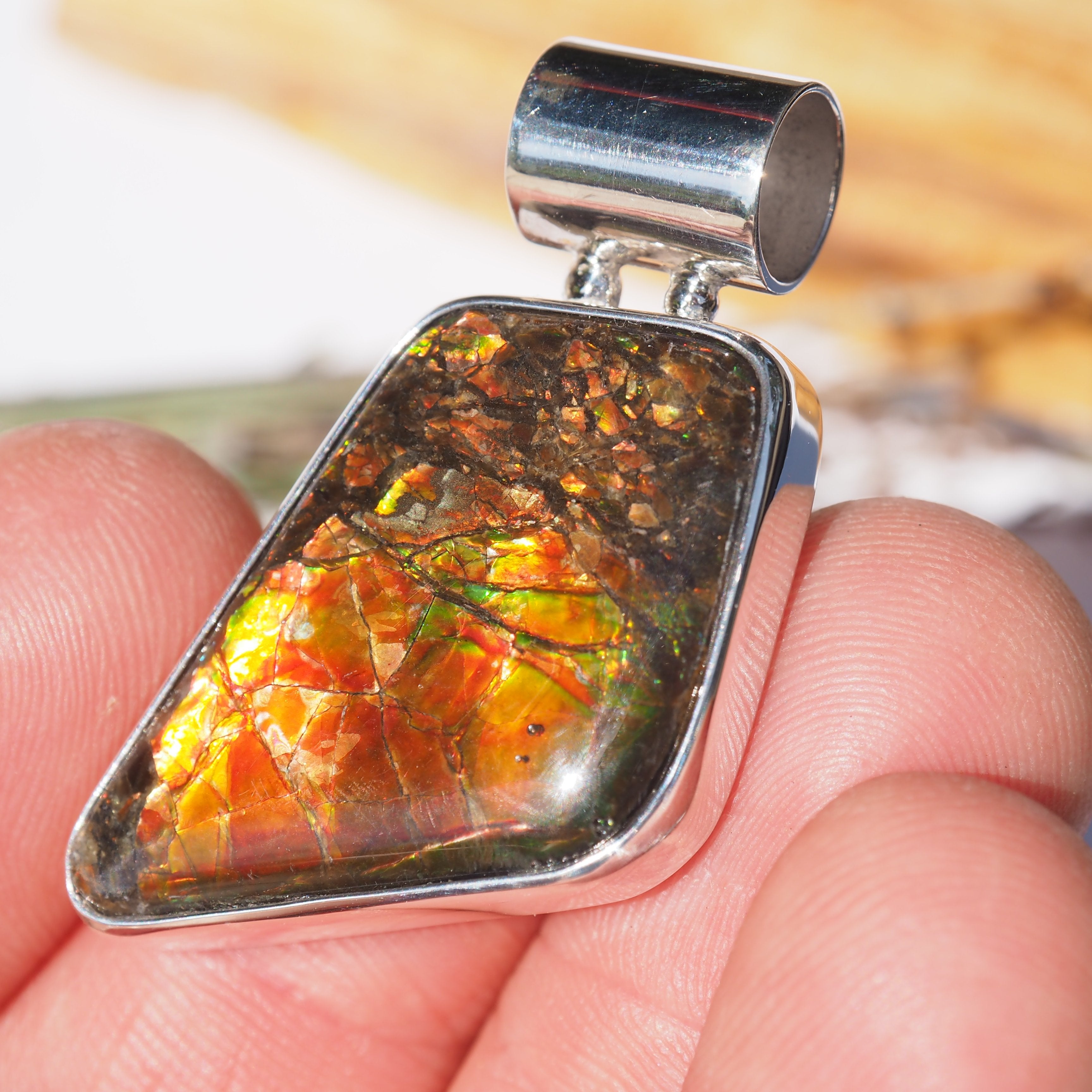 Fiery Red & Green Ammolite Pendant in Sterling Silver (Includes Silver Chain) #3 - Earth Family Crystals