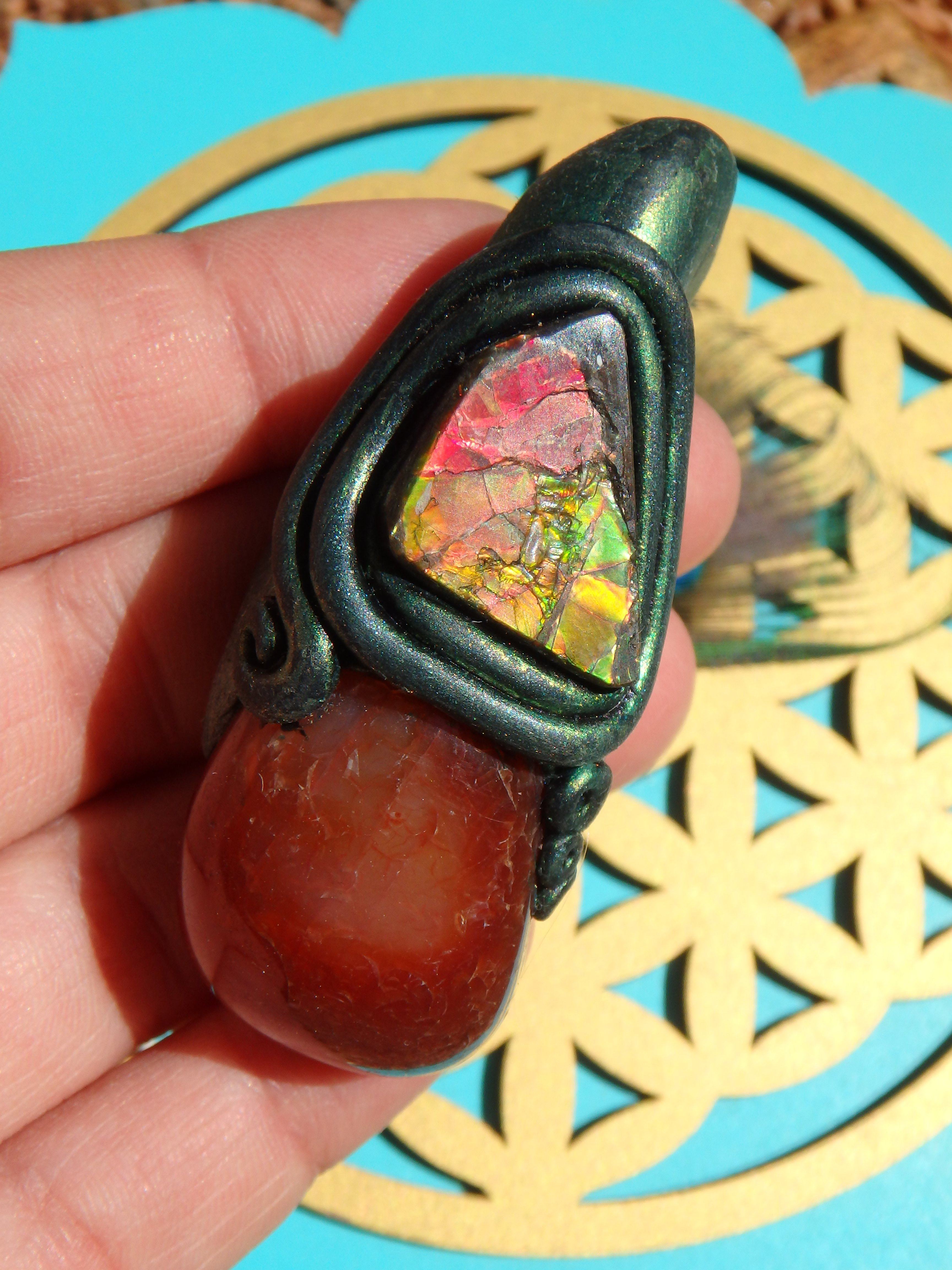 Chunky Orange Carnelian & Flashy Alberta Ammolite Handmade Energy Pendant (On Adjustable Cotton Cord) - Earth Family Crystals