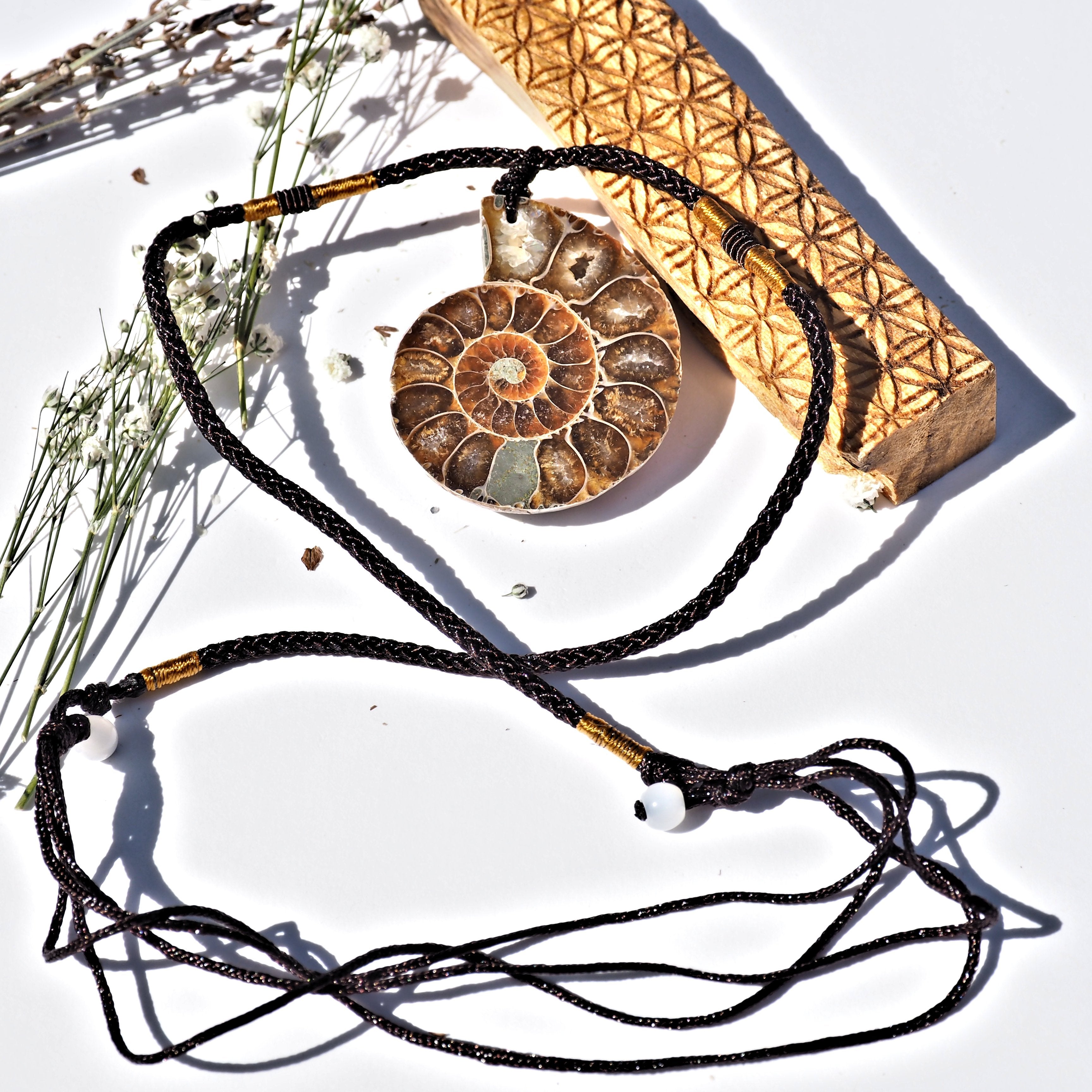 One Partially Polished Ammonite Fossil Slice on Adjustable Cotton Cord