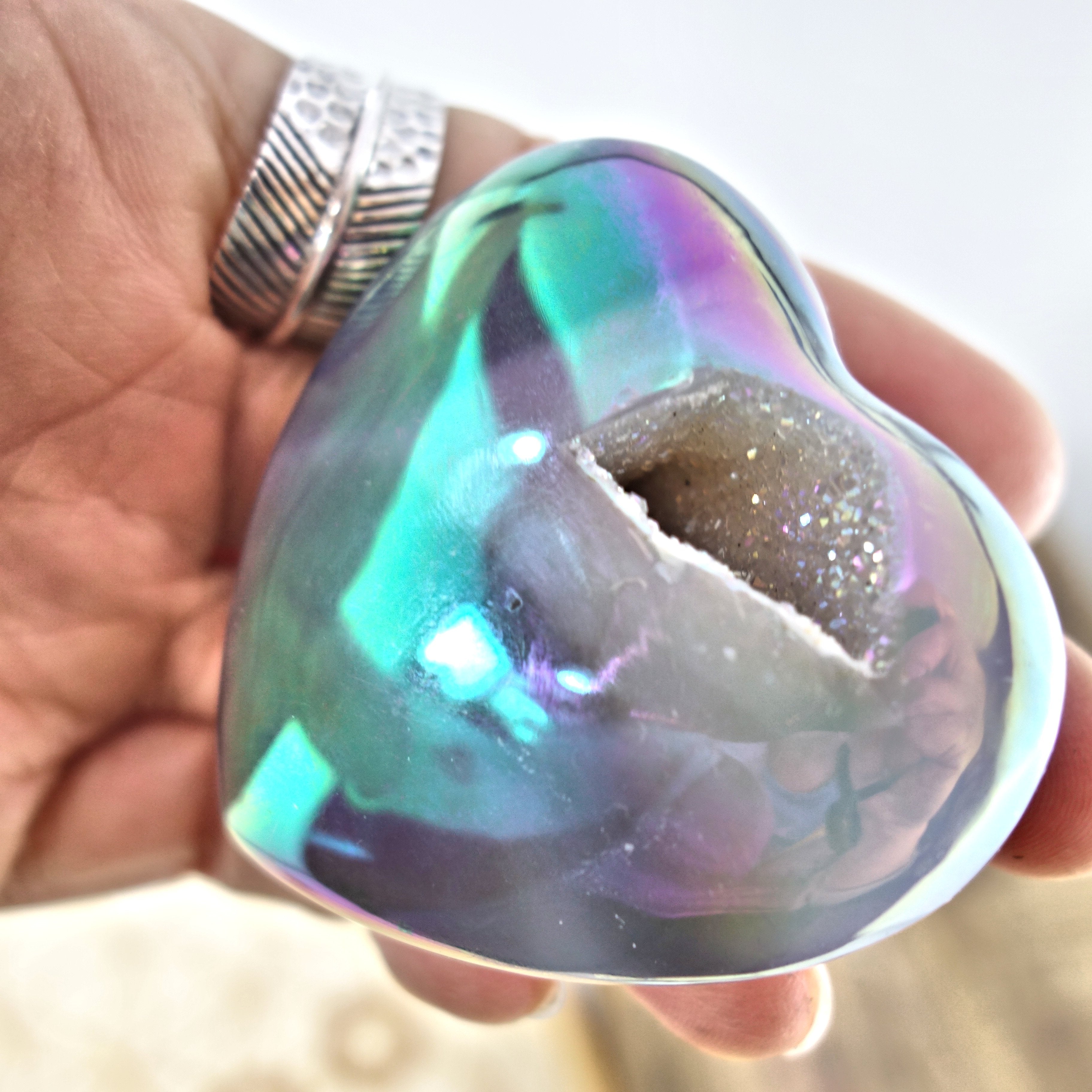 Sparkling & Uplifting Angel Aura & Titanium Druzy Geode Agate Love Heart 2 - Earth Family Crystals