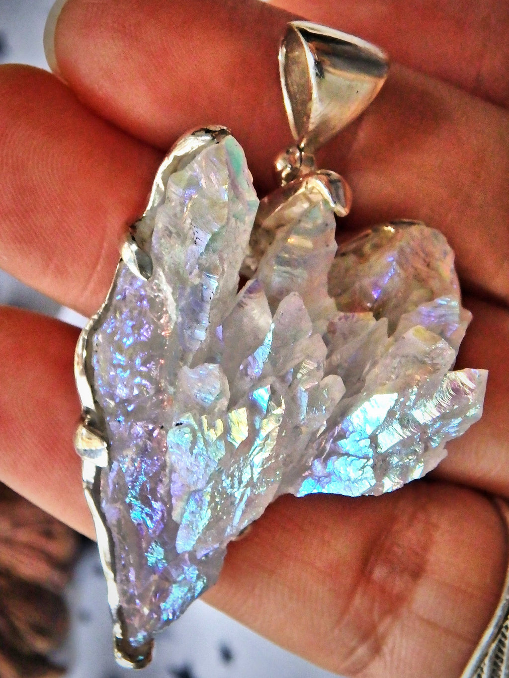 Gorgeous Angel Aura Quartz Glowing Magical Wing Pendant in Sterling Silver  (Includes Silver Chain) - Earth Family Crystals