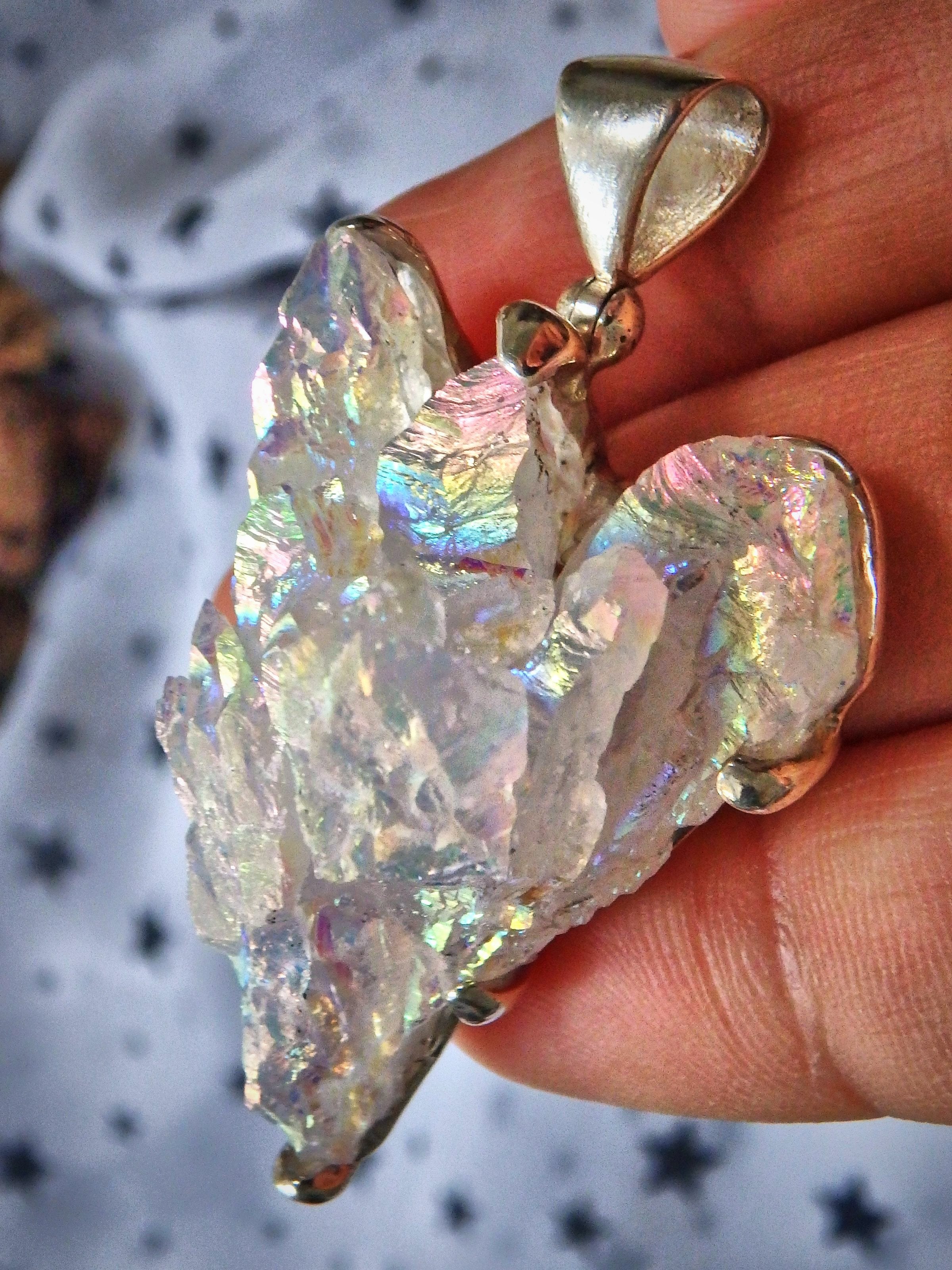 Gorgeous Angel Aura Quartz Glowing Magical Wing Pendant in Sterling Silver  (Includes Silver Chain) - Earth Family Crystals