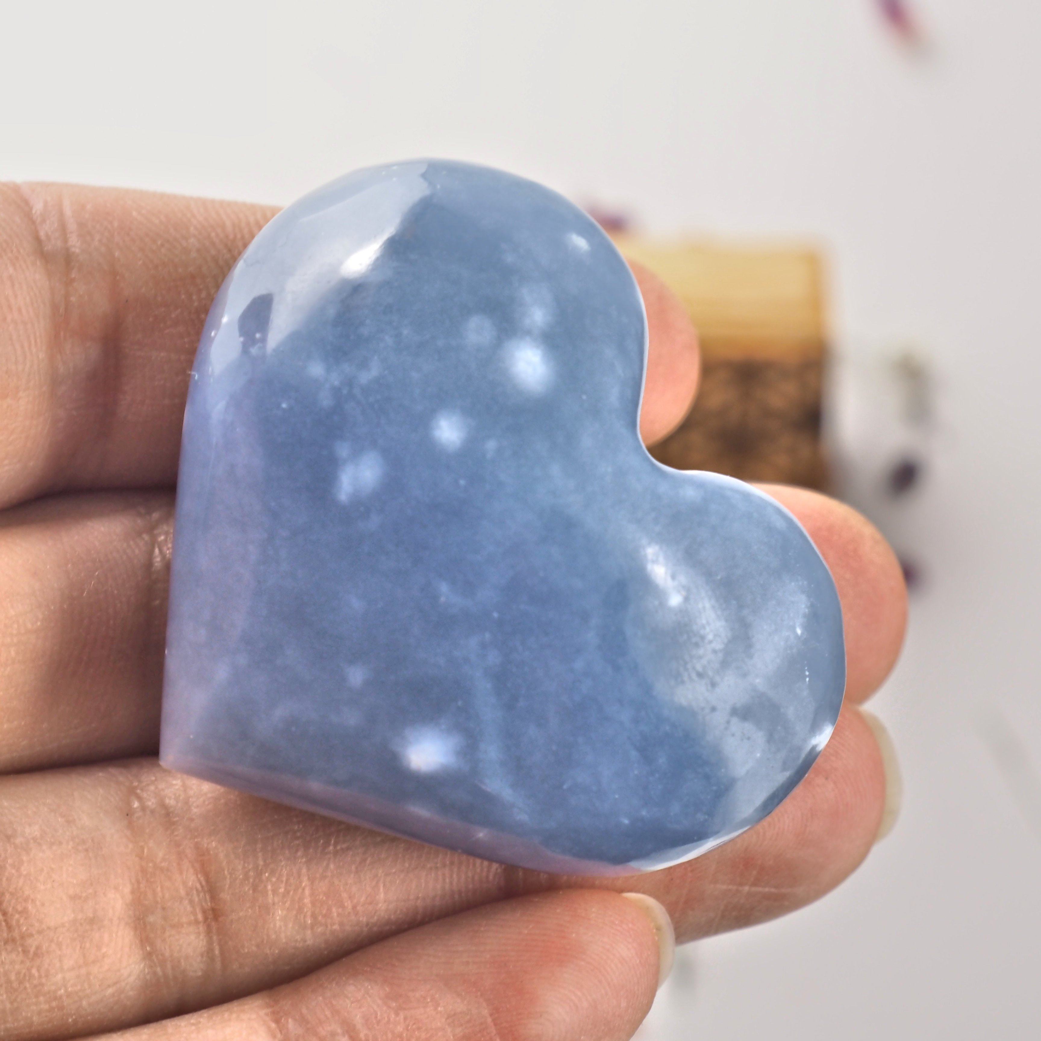 Cute Creamy Blue Handheld Angelite Heart From Peru - Earth Family Crystals
