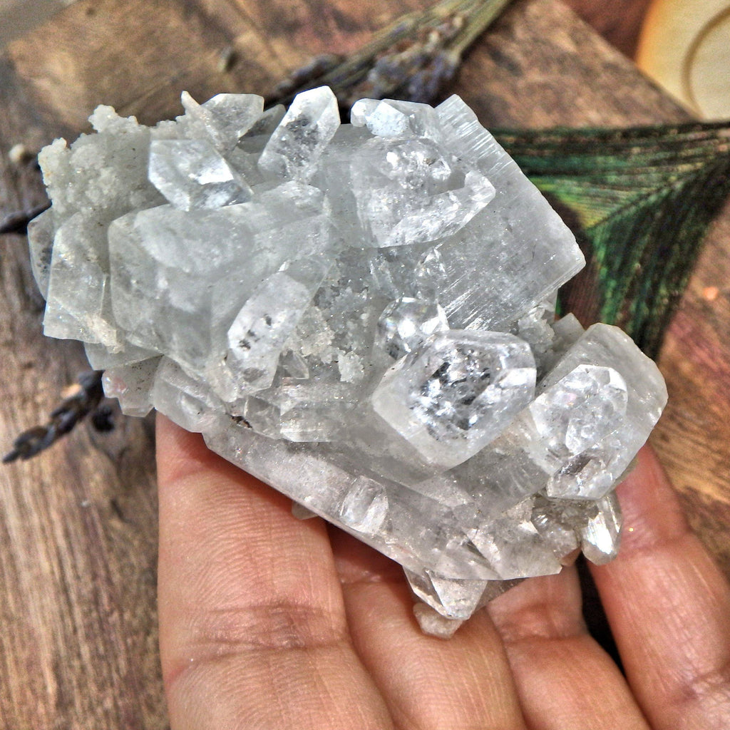 Clear Apophyllite Points Nestled on Clear Quartz Matrix With Pink Stilbite Inclusions - Earth Family Crystals