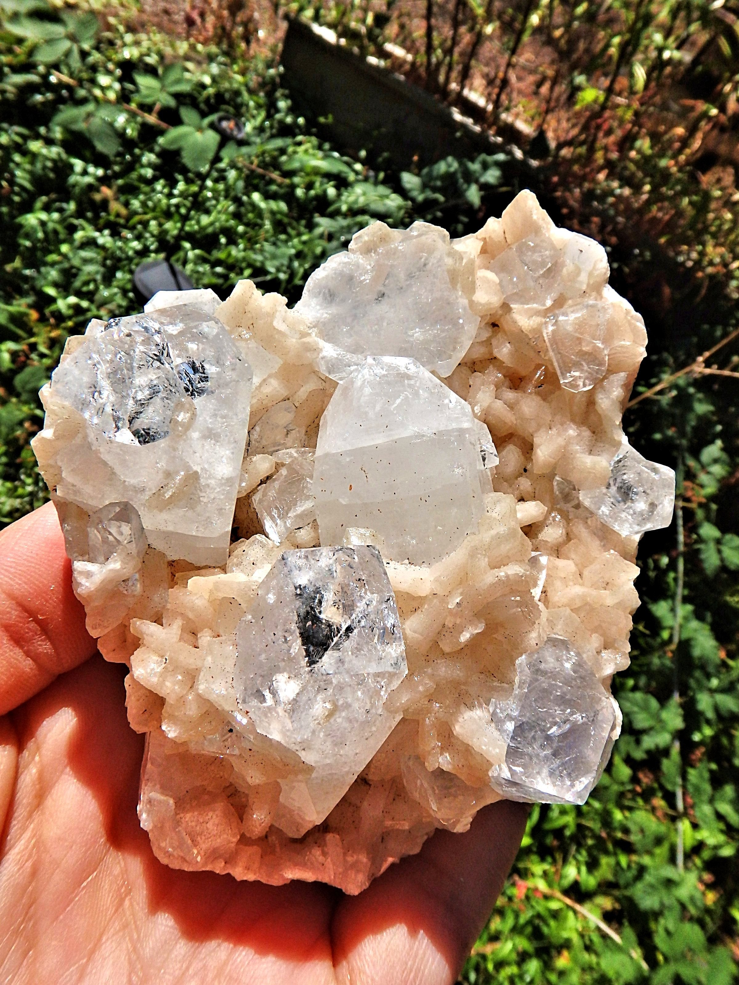 Large Chunky Clear Apophyllite Points Nestled in Peachy Pink stilbite Point Matrix
