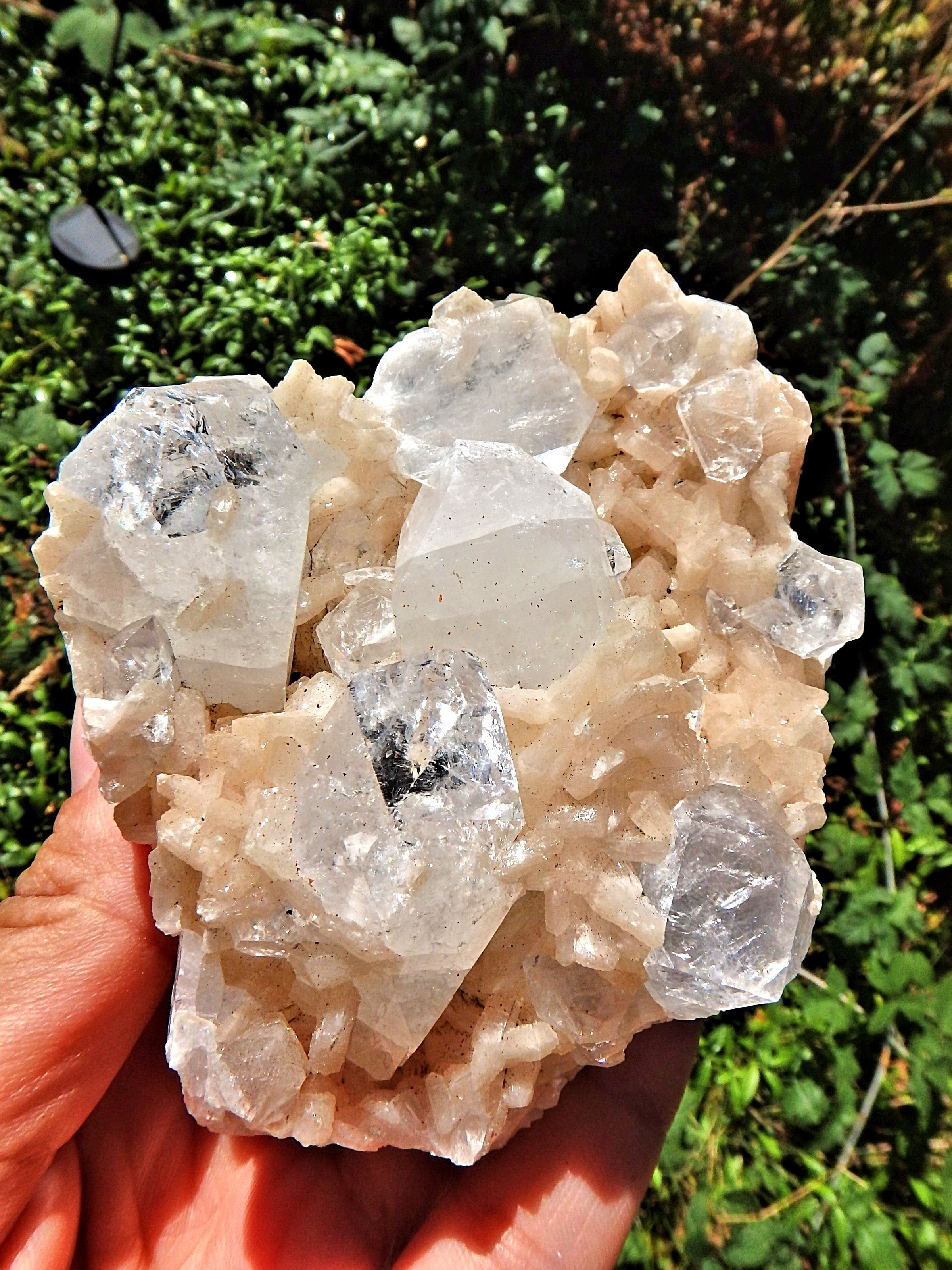 Large Chunky Clear Apophyllite Points Nestled in Peachy Pink stilbite Point Matrix