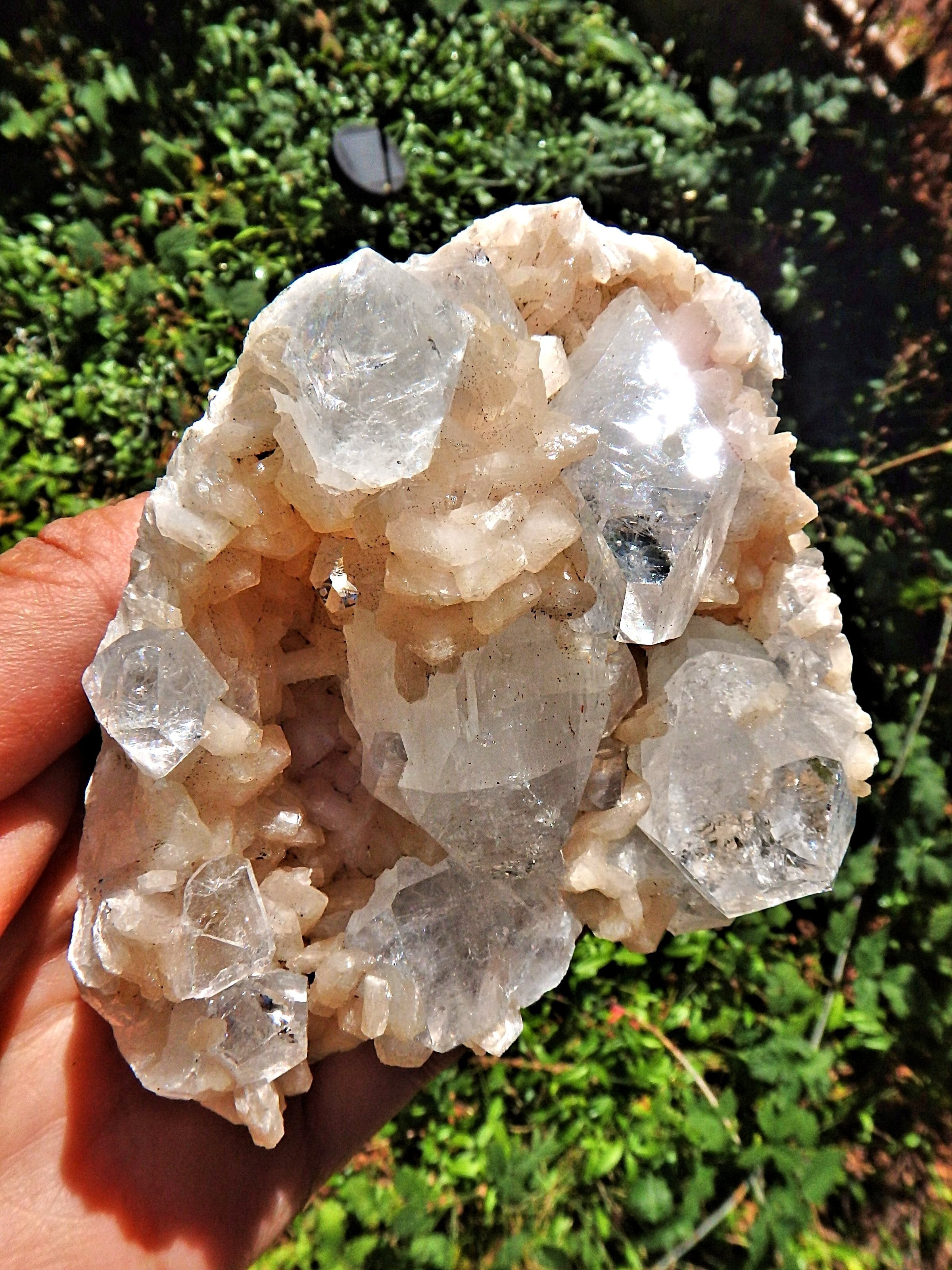 Large Chunky Clear Apophyllite Points Nestled in Peachy Pink stilbite Point Matrix