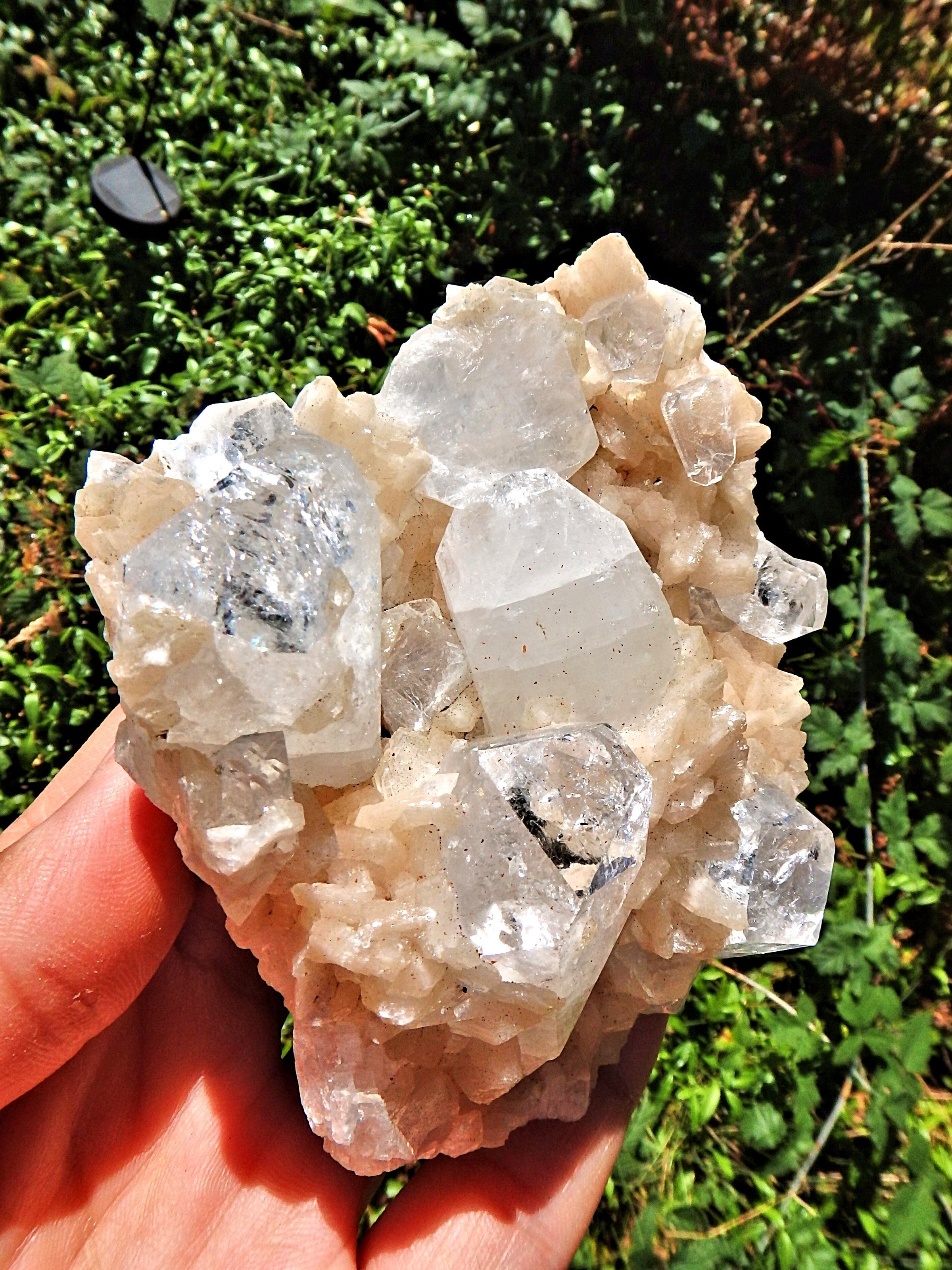 Large Chunky Clear Apophyllite Points Nestled in Peachy Pink stilbite Point Matrix