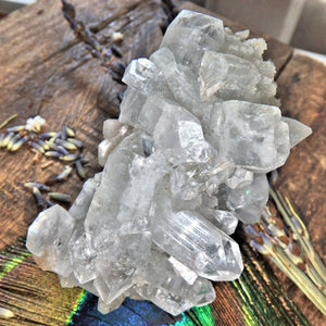 Clear Apophyllite Points Nestled on Clear Quartz Matrix With Pink Stilbite Inclusions - Earth Family Crystals