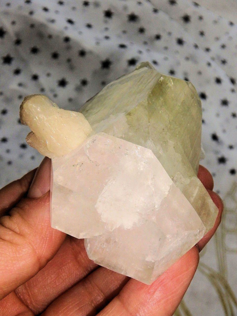 Brilliant Chunky Mint Green & White Apophyllite With Pink Stilbite Inclusion From India - Earth Family Crystals