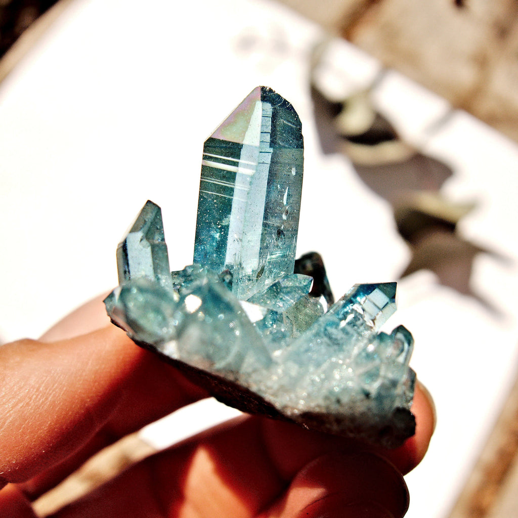 Cute Brilliant Blue Aqua Aura Quartz Cluster From Arkansas #1 - Earth Family Crystals