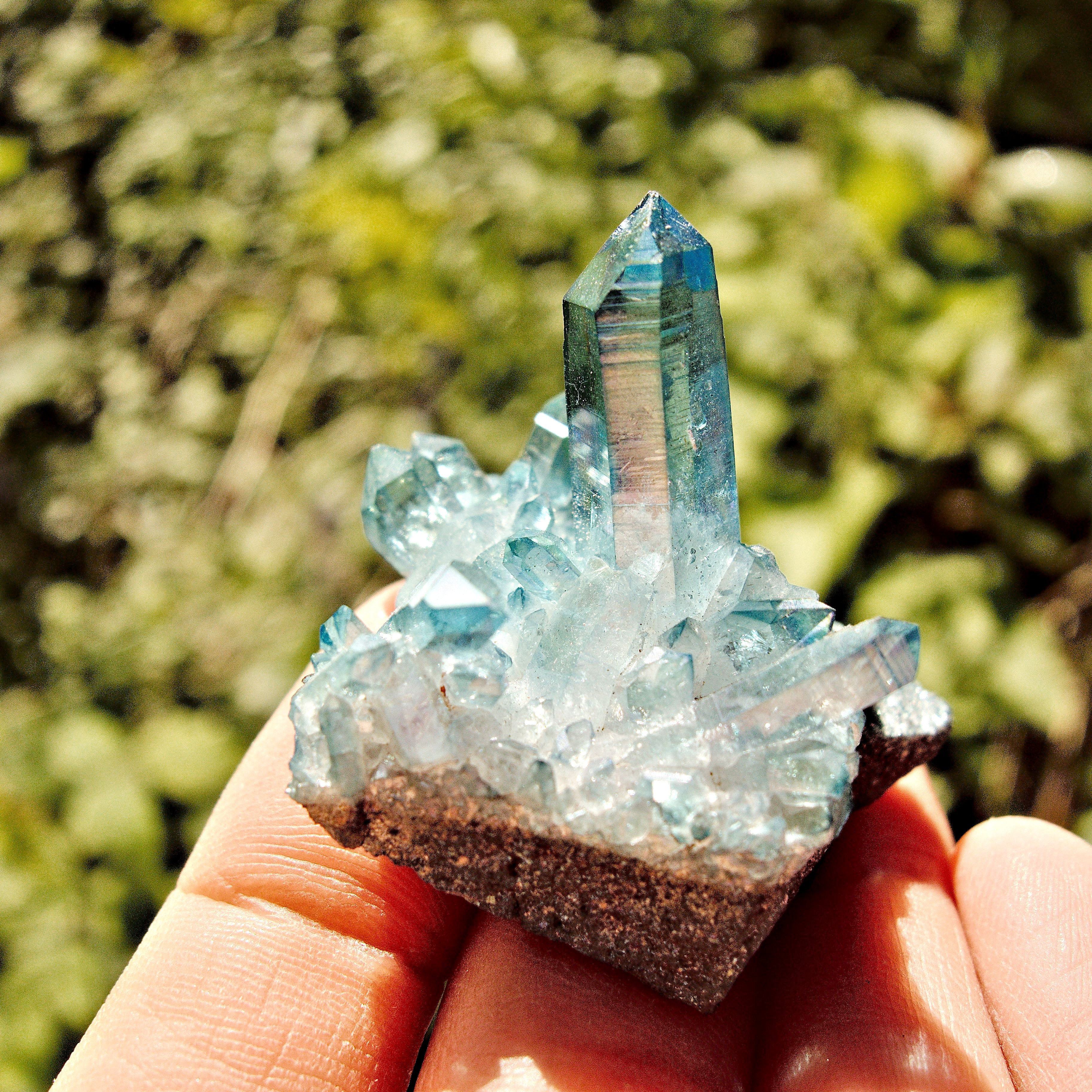 Cute Brilliant Blue Aqua Aura Quartz Cluster From Arkansas #1 - Earth Family Crystals