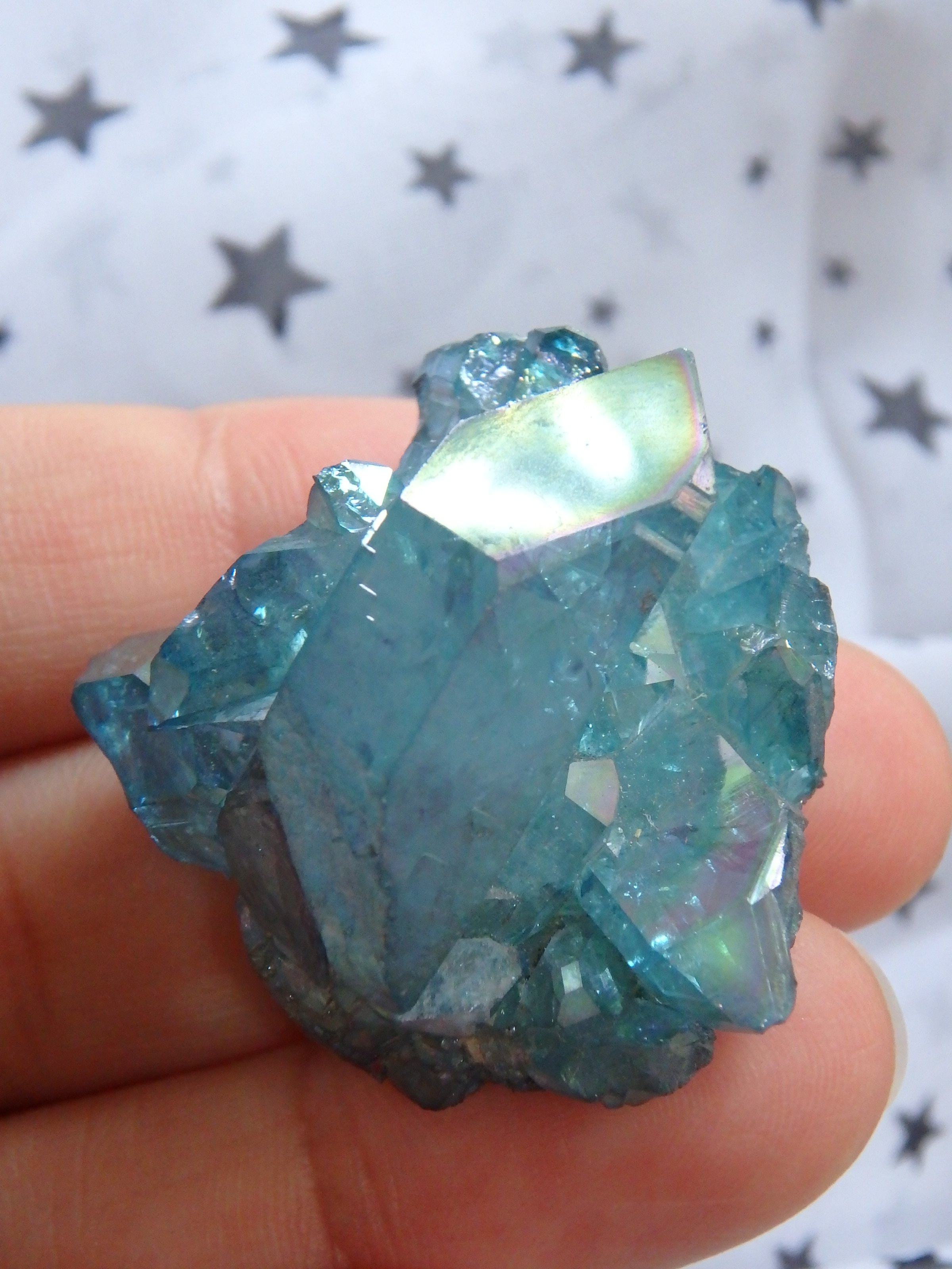 Cute Hand Held Aqua Aura Quartz Button Cluster From Arkansas - Earth Family Crystals