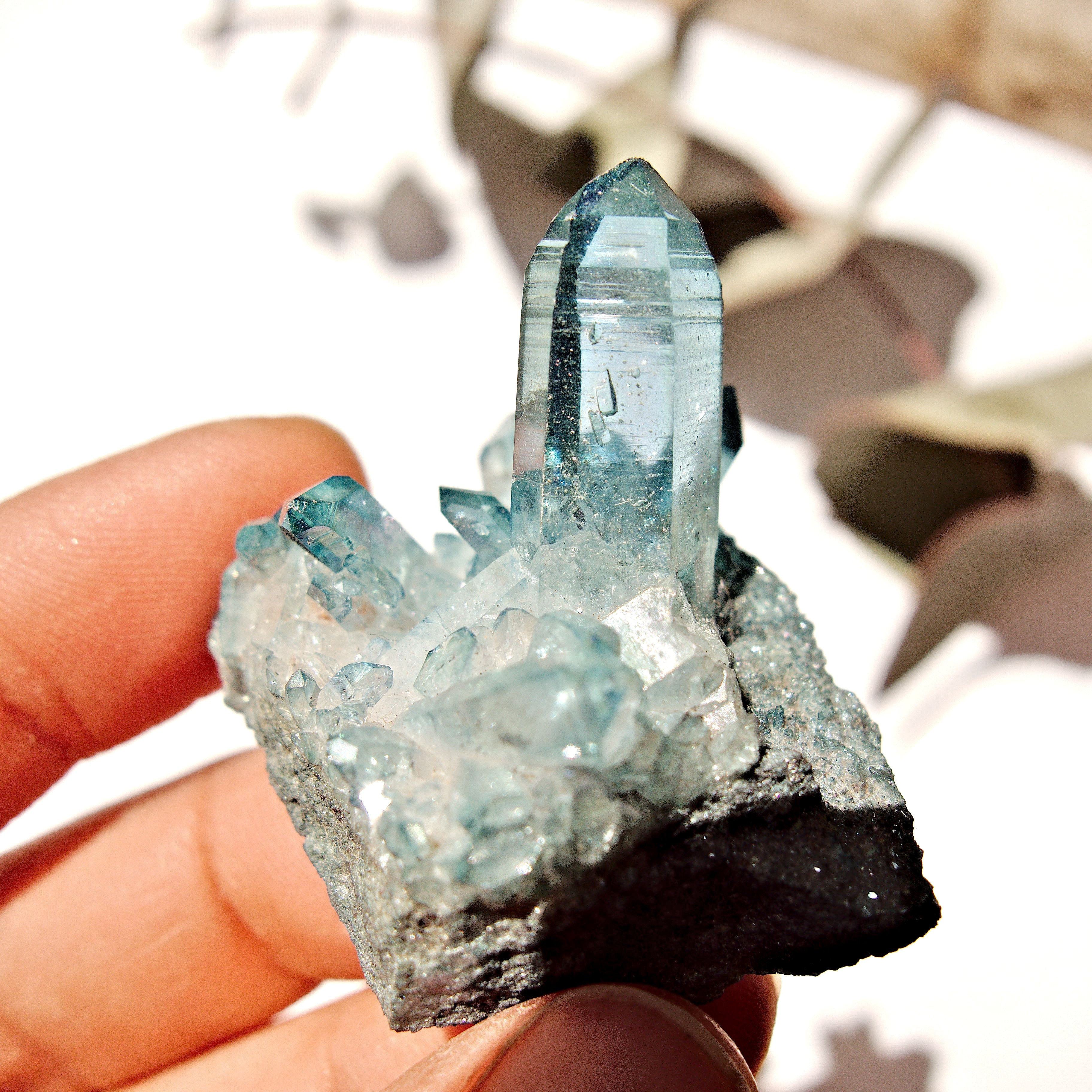 Cute Brilliant Blue Aqua Aura Quartz Cluster From Arkansas #1 - Earth Family Crystals