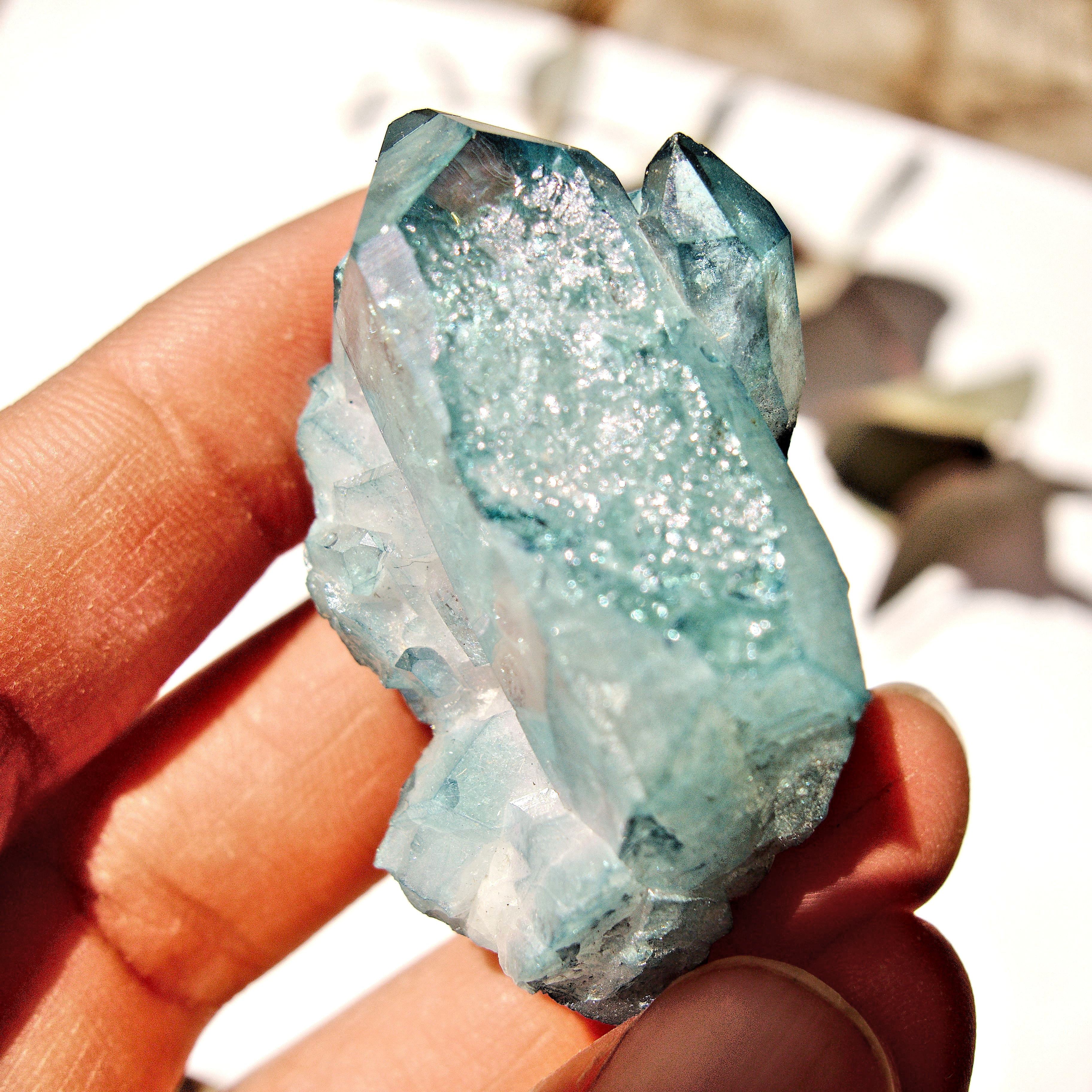 Cute Shimmering Blue Aqua Aura Quartz Cluster From Arkansas #2 - Earth Family Crystals