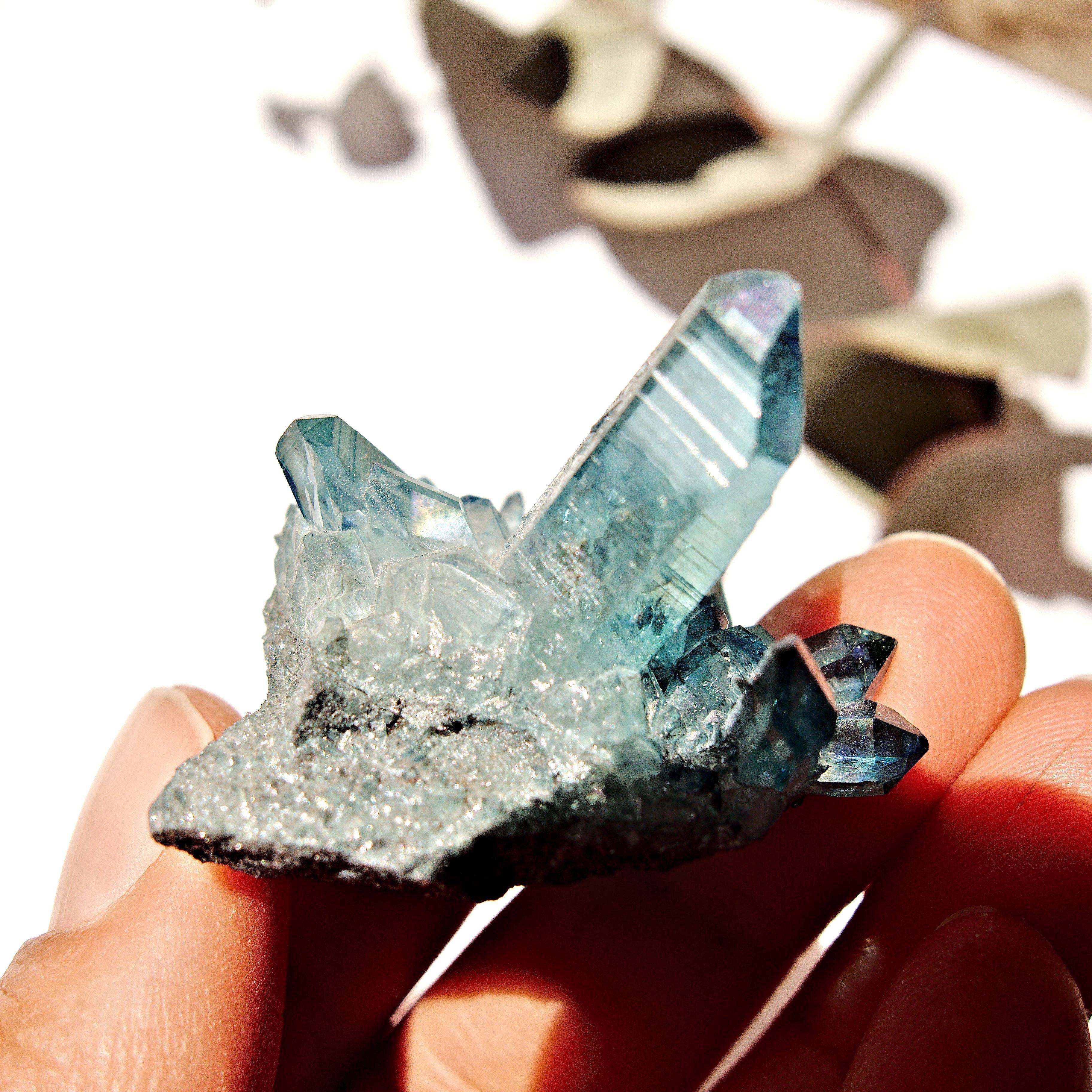 Cute Brilliant Blue Aqua Aura Quartz Cluster From Arkansas #1 - Earth Family Crystals