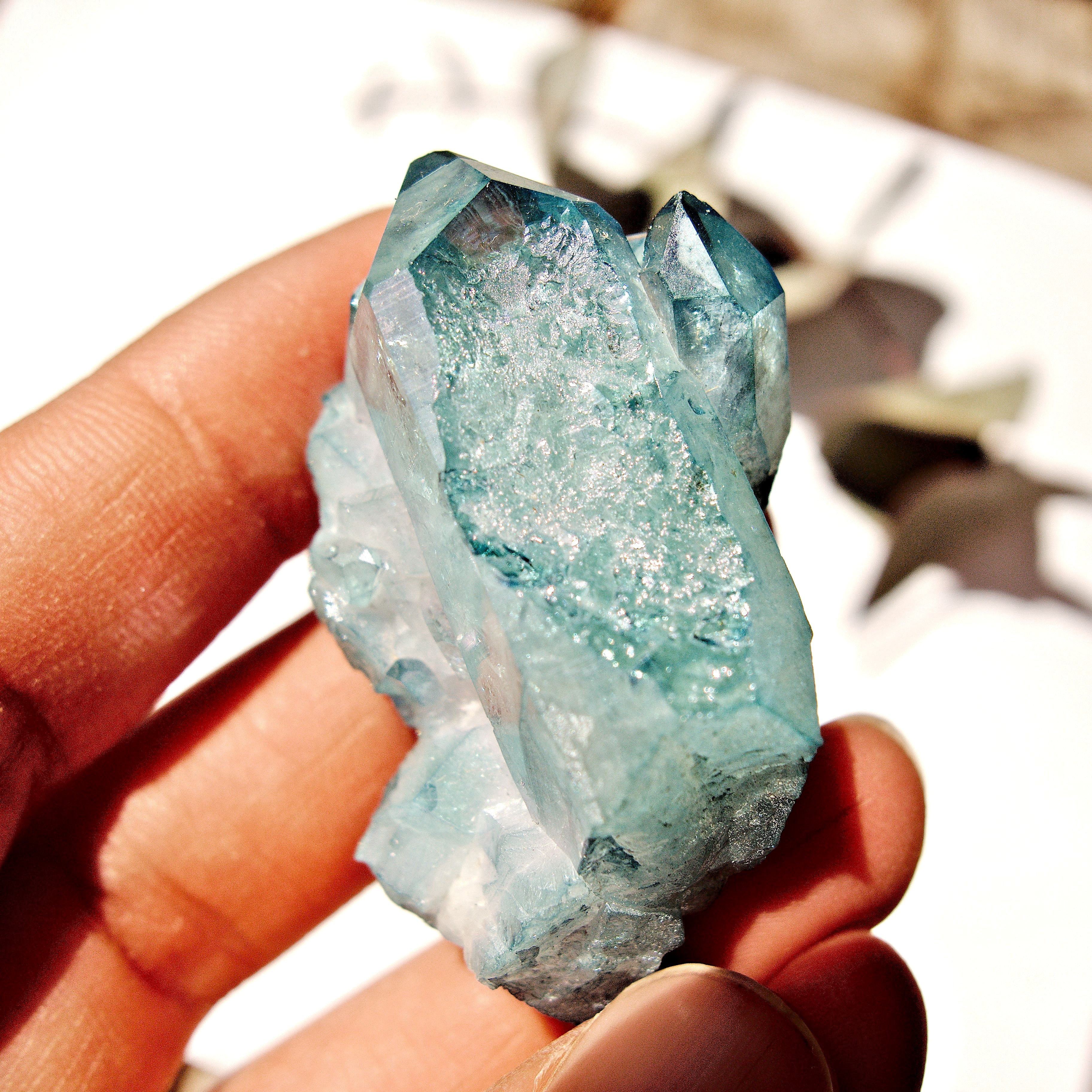 Cute Shimmering Blue Aqua Aura Quartz Cluster From Arkansas #2 - Earth Family Crystals
