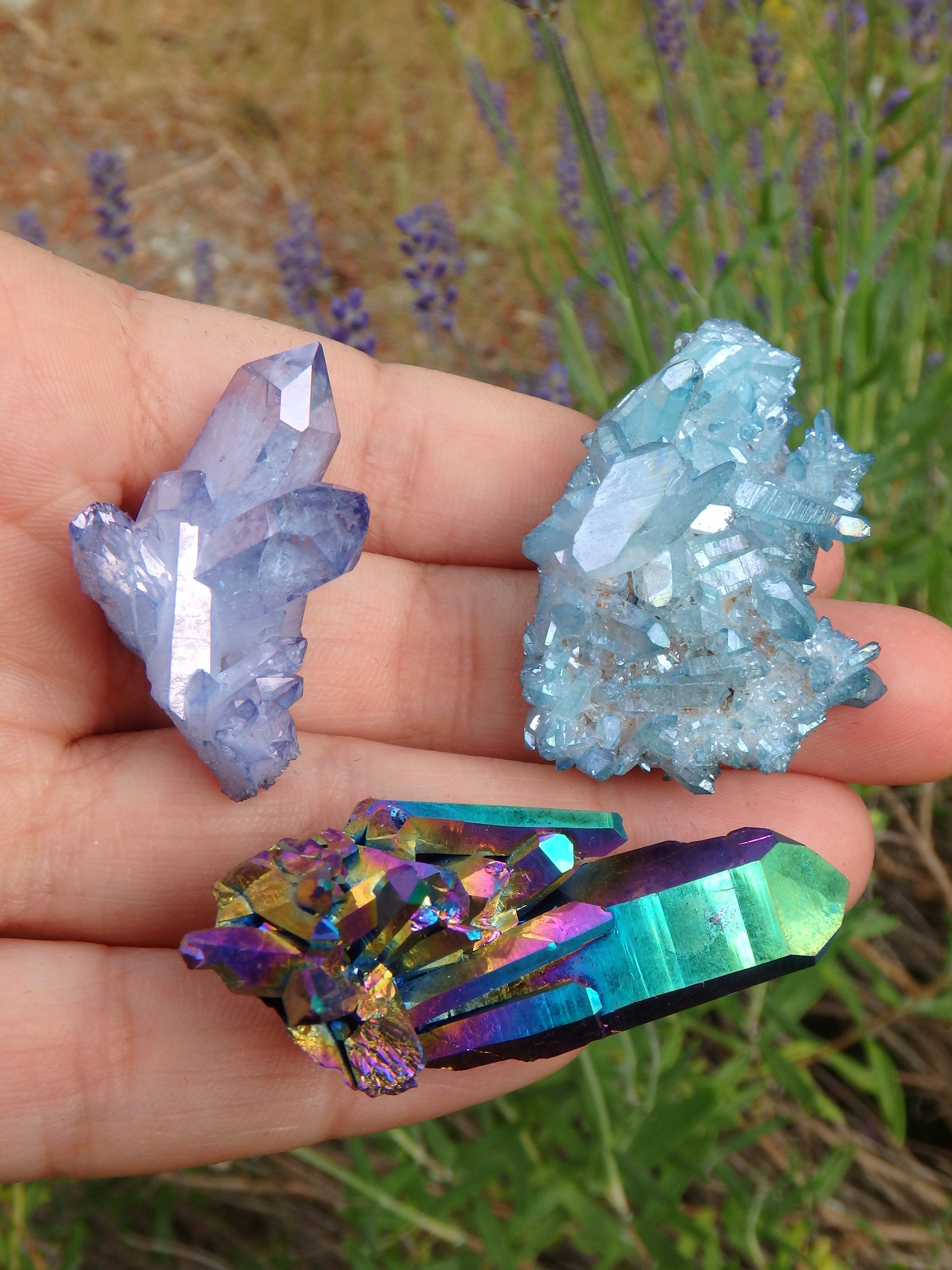 Extreme Sparkle Aura Set~ Rainbow Titanium Quartz, Tanzan Aura Quartz & Aqua Aura Quartz Clusters - Earth Family Crystals