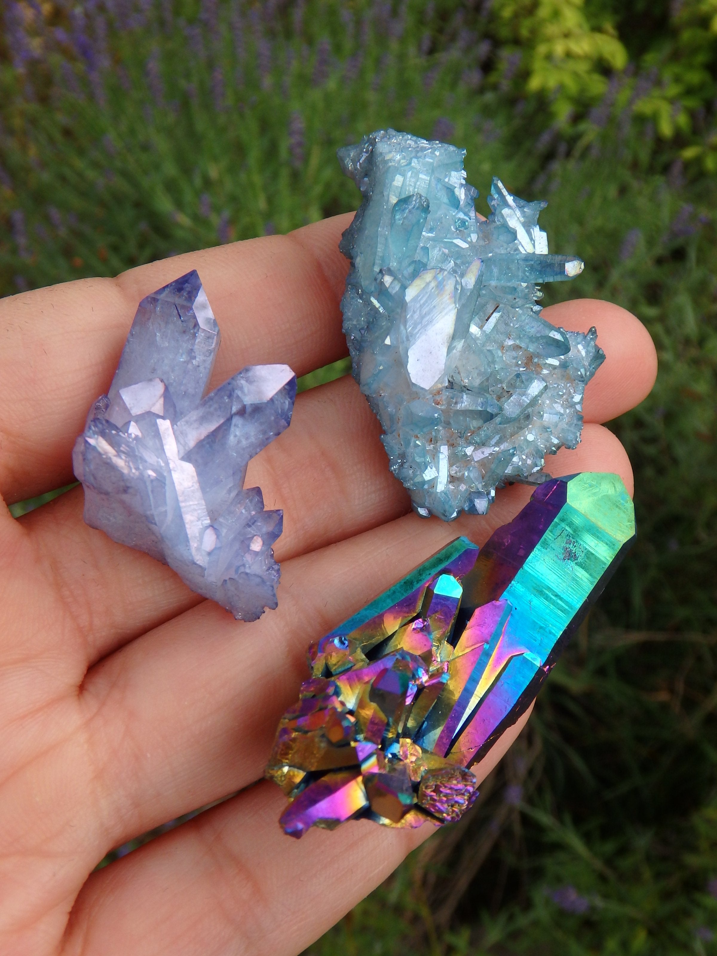 Extreme Sparkle Aura Set~ Rainbow Titanium Quartz, Tanzan Aura Quartz & Aqua Aura Quartz Clusters - Earth Family Crystals