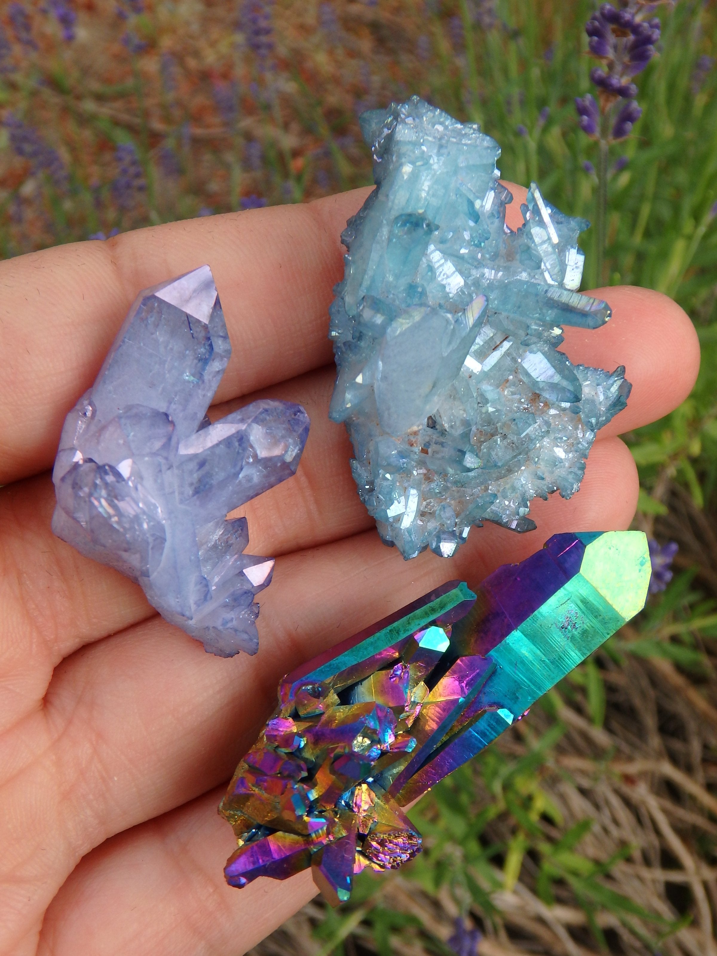 Extreme Sparkle Aura Set~ Rainbow Titanium Quartz, Tanzan Aura Quartz & Aqua Aura Quartz Clusters - Earth Family Crystals