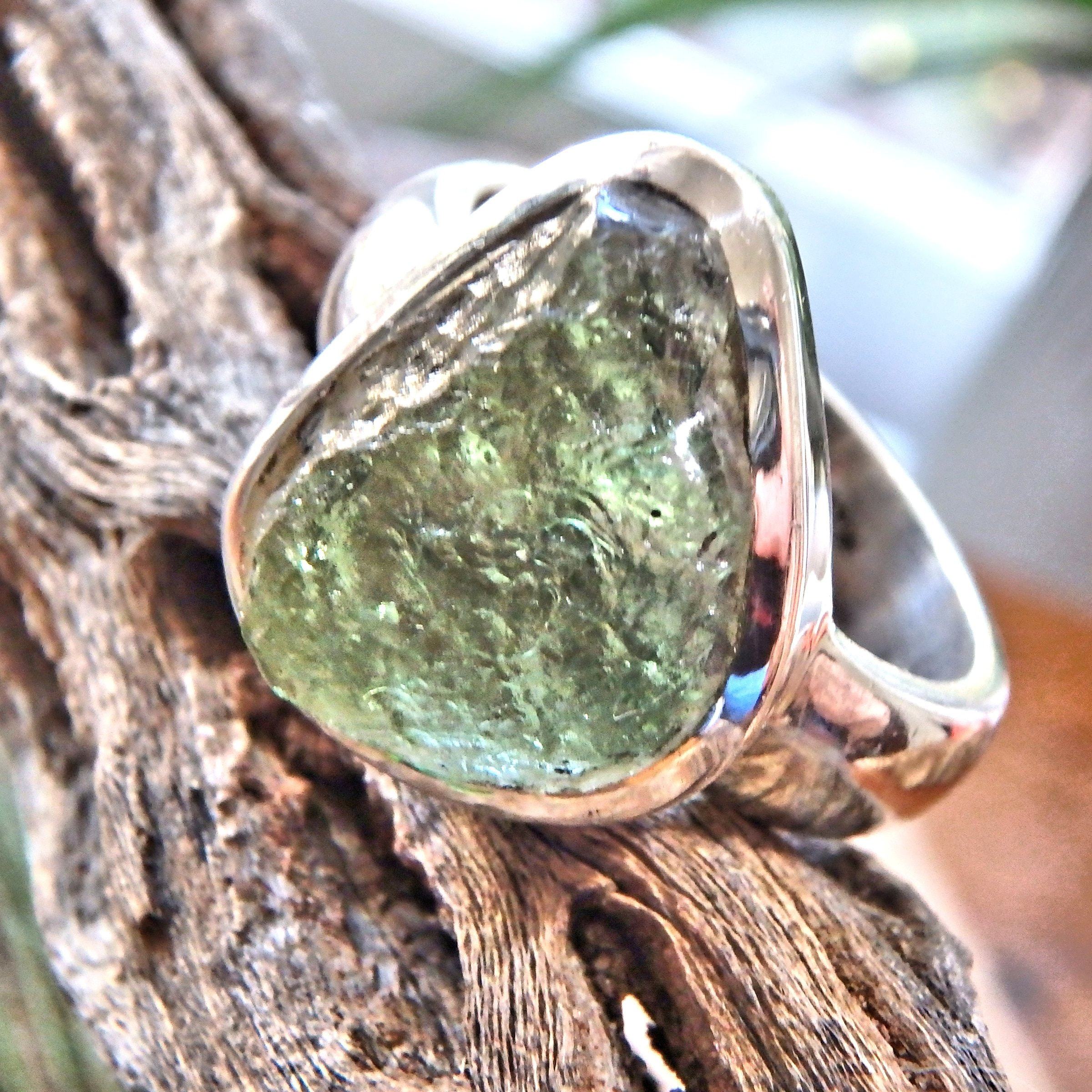 Chunky Genuine Green Moldavite Ring in Sterling Silver ( Size 10) - Earth Family Crystals