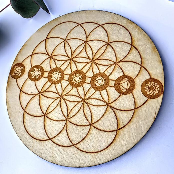 Crystal Mandala Set -Includes Flower of Life Birch Wood Board, Natural Golden Spirit Quartz & 6 Golden Healer Quartz Points - Earth Family Crystals