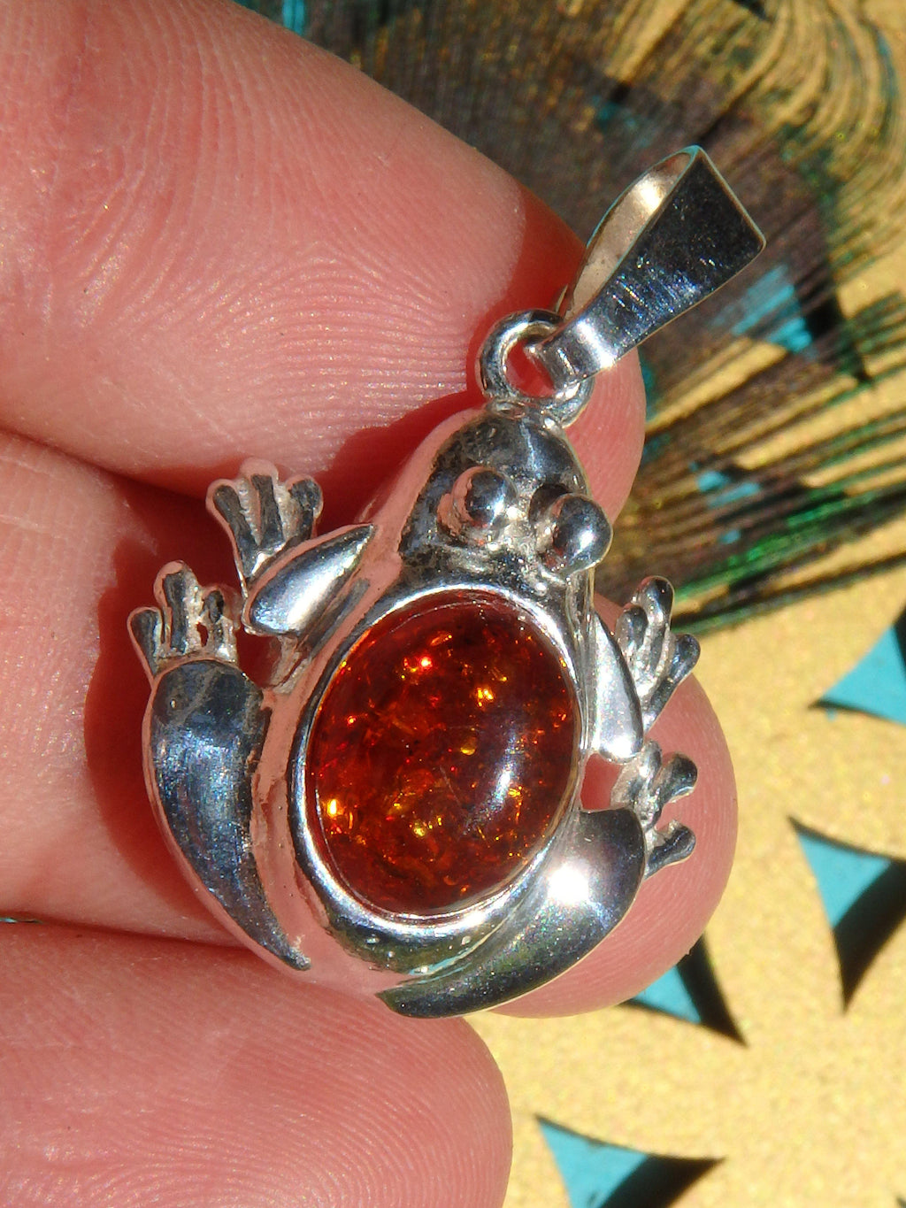 Cognac Baltic Amber Frog Pendant in Sterling Silver (Includes Silver Chain) - Earth Family Crystals