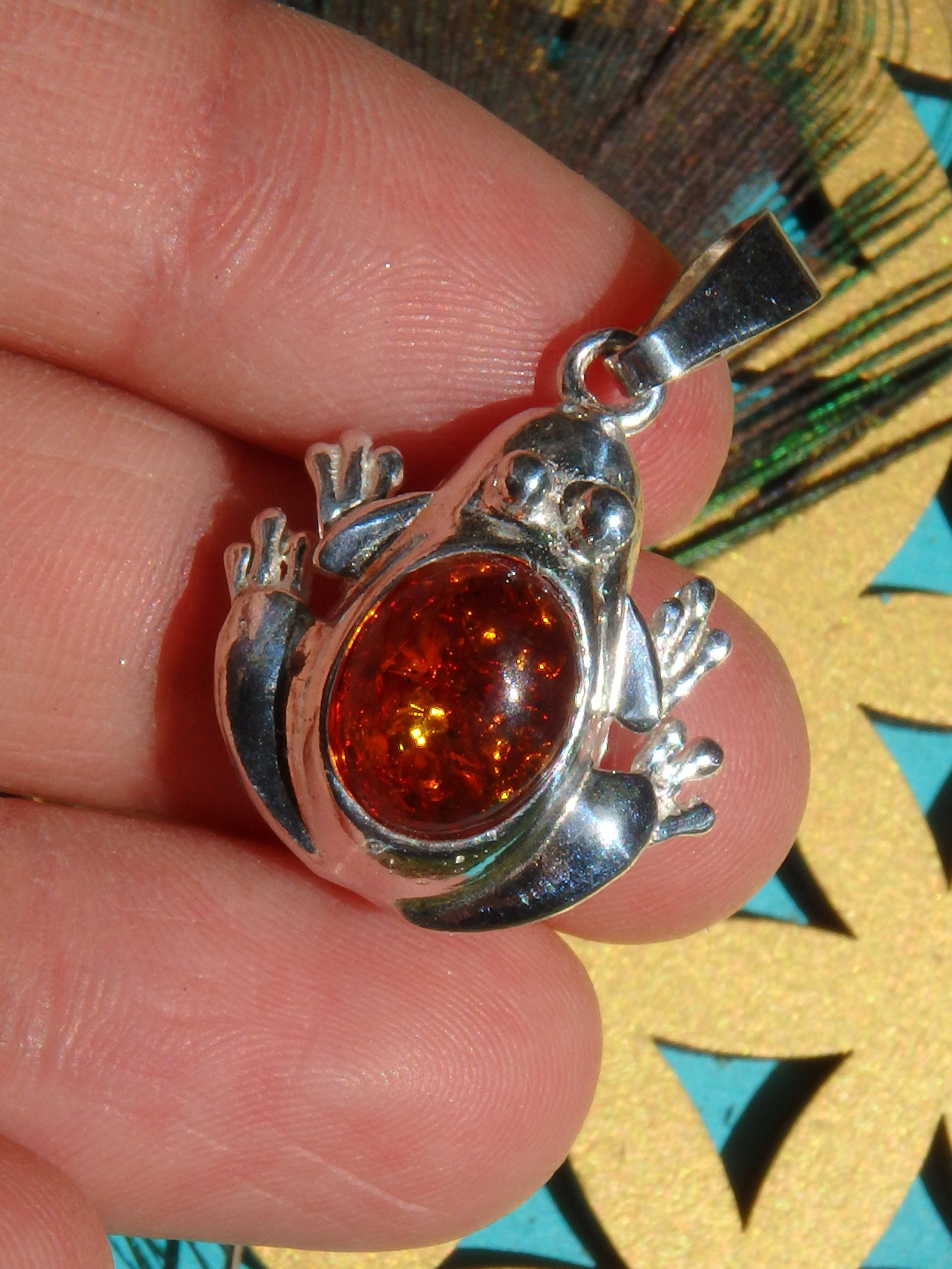 Cognac Baltic Amber Frog Pendant in Sterling Silver (Includes Silver Chain) - Earth Family Crystals