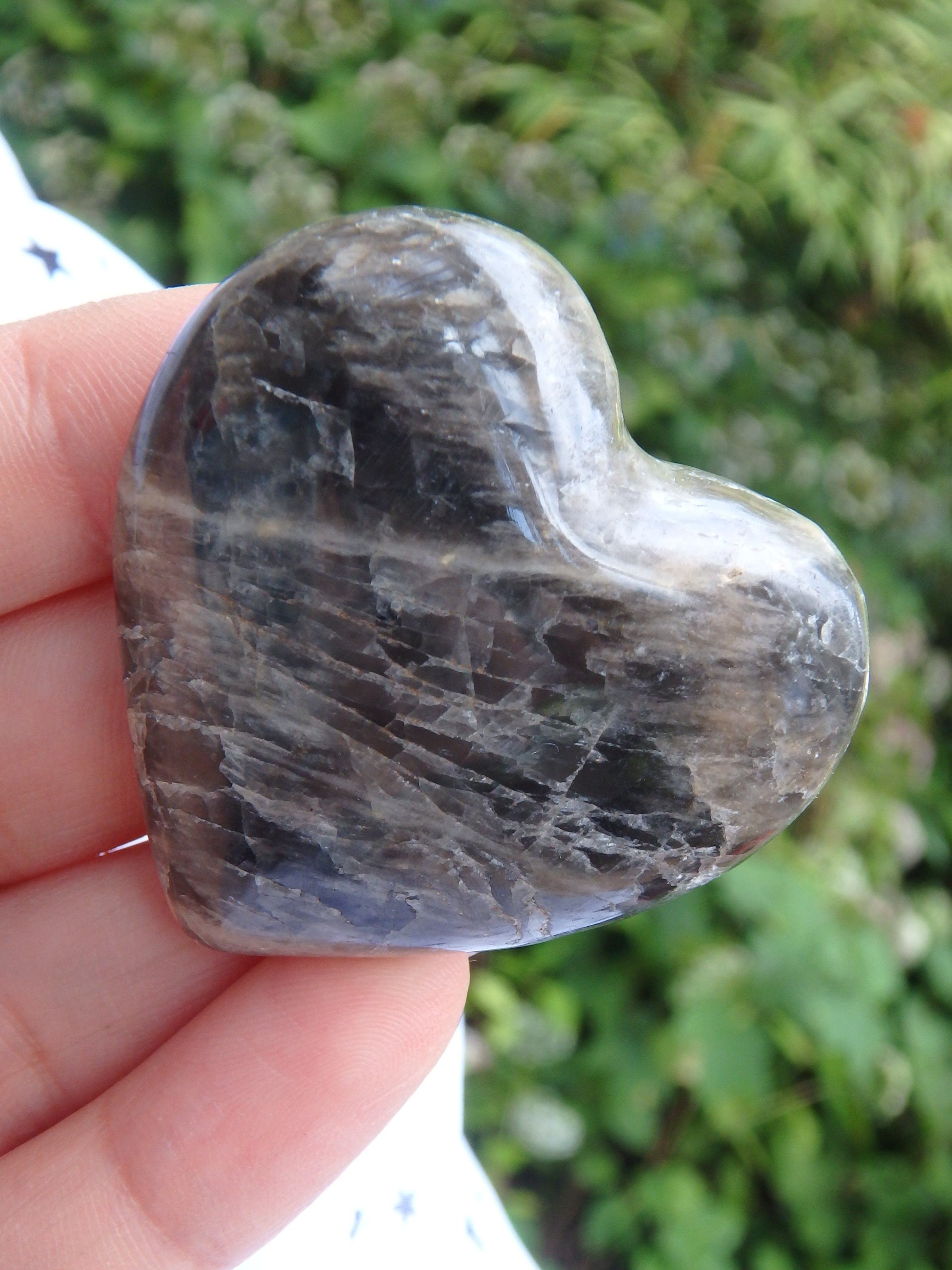 Cute Black Moonstone Hand Held Heart Carving - Earth Family Crystals