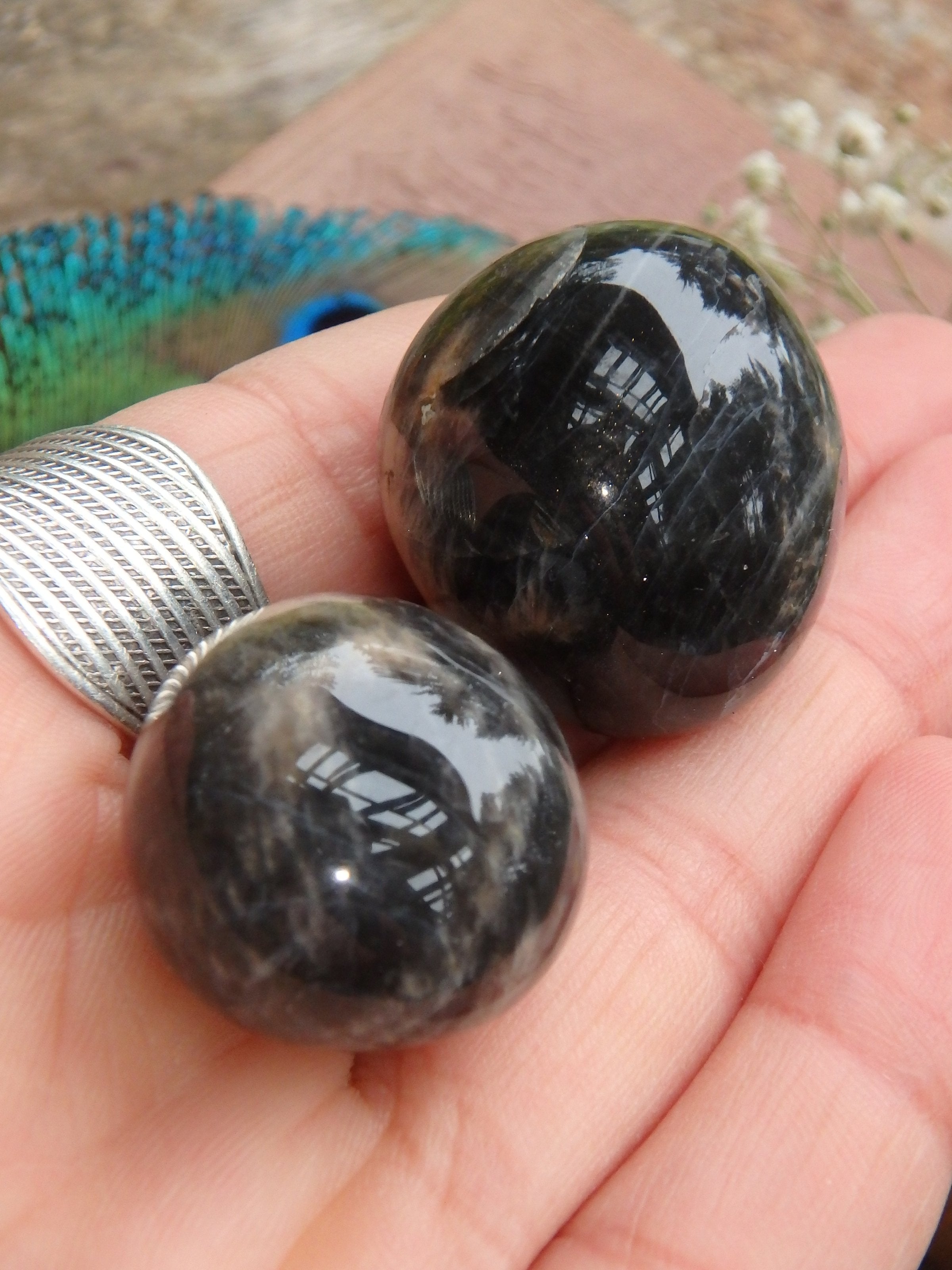 Set of 2 Black Moonstone Tumbled Pocket Stones