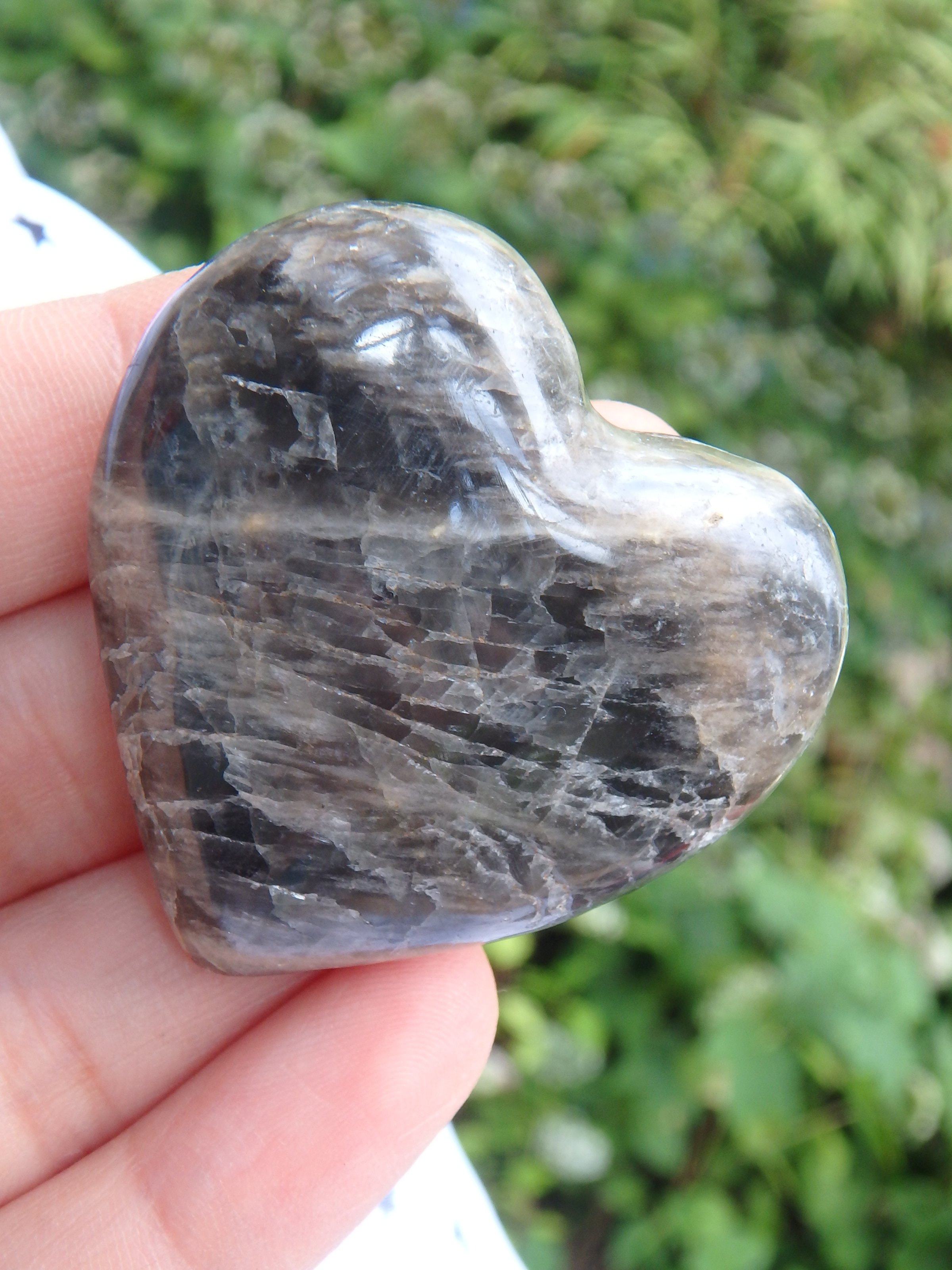 Cute Black Moonstone Hand Held Heart Carving - Earth Family Crystals