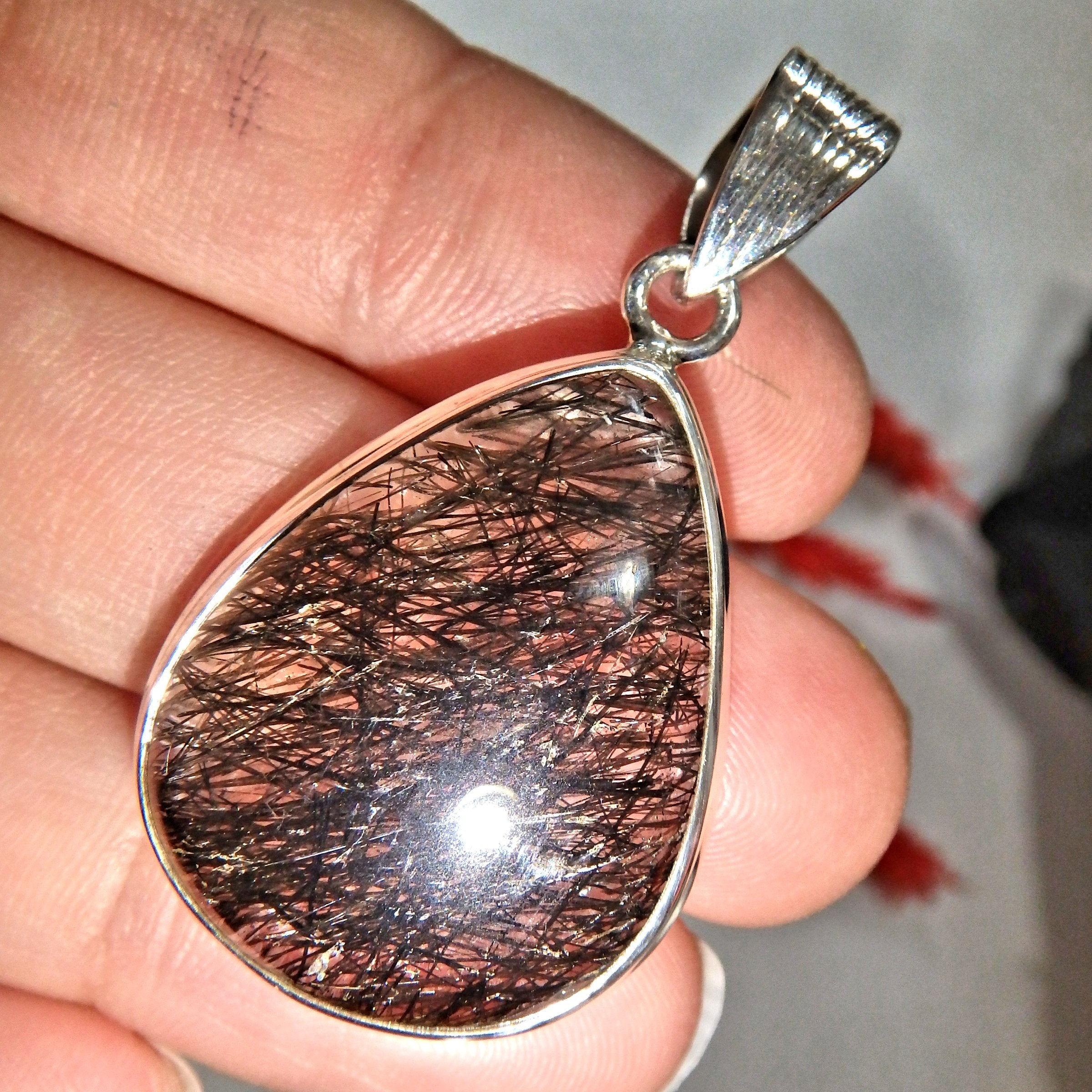 Fabulous Blades of Black Tourmalated Quartz Pendant in Sterling Silver ( Includes Silver Chain) - Earth Family Crystals