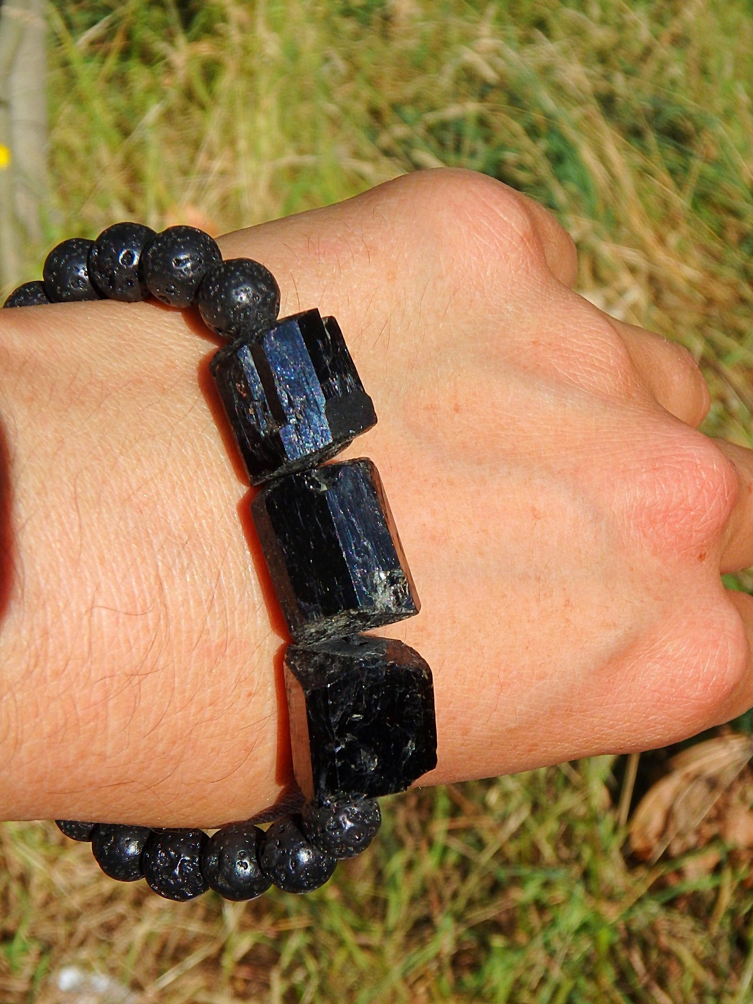 Chunky Black Tourmaline & Lava Stone Adjustable Cord Bracelet - Earth Family Crystals