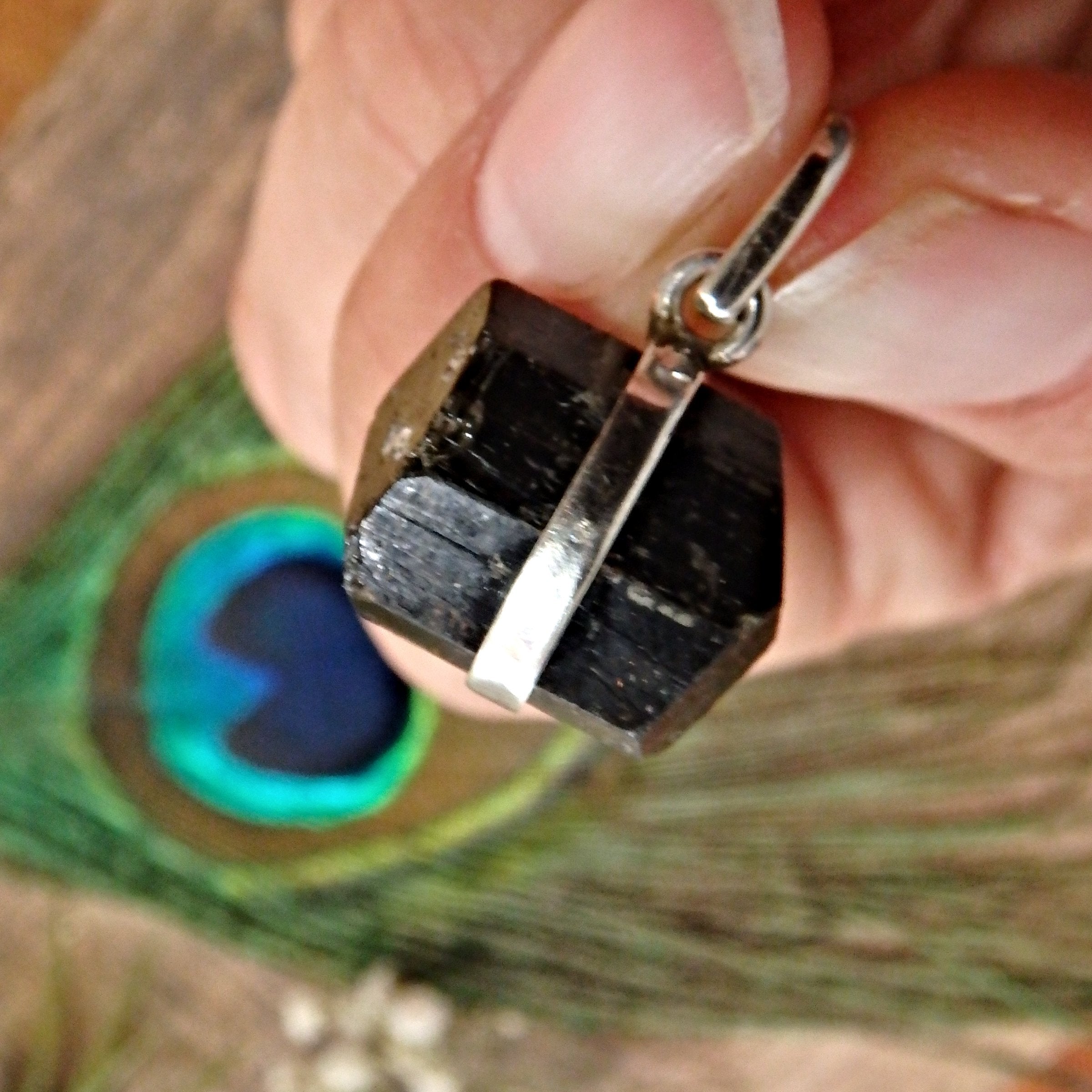 Floating Raw Black Tourmaline Pendant in Sterling Silver (Includes Silver Chain)1 - Earth Family Crystals