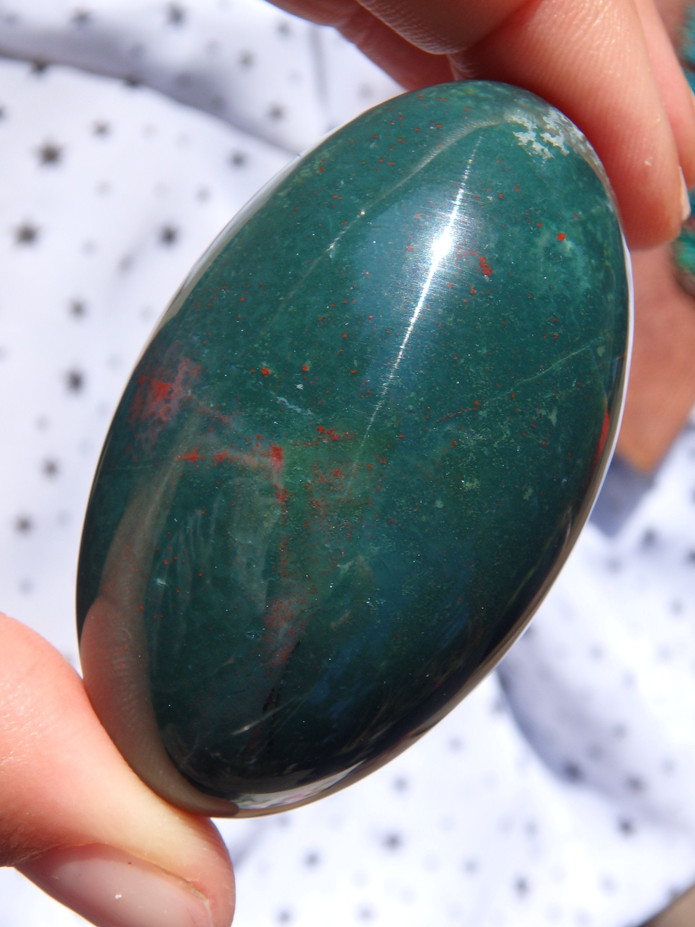 Shiny Deep Green & Red Speckled Bloodstone Egg Carving 2