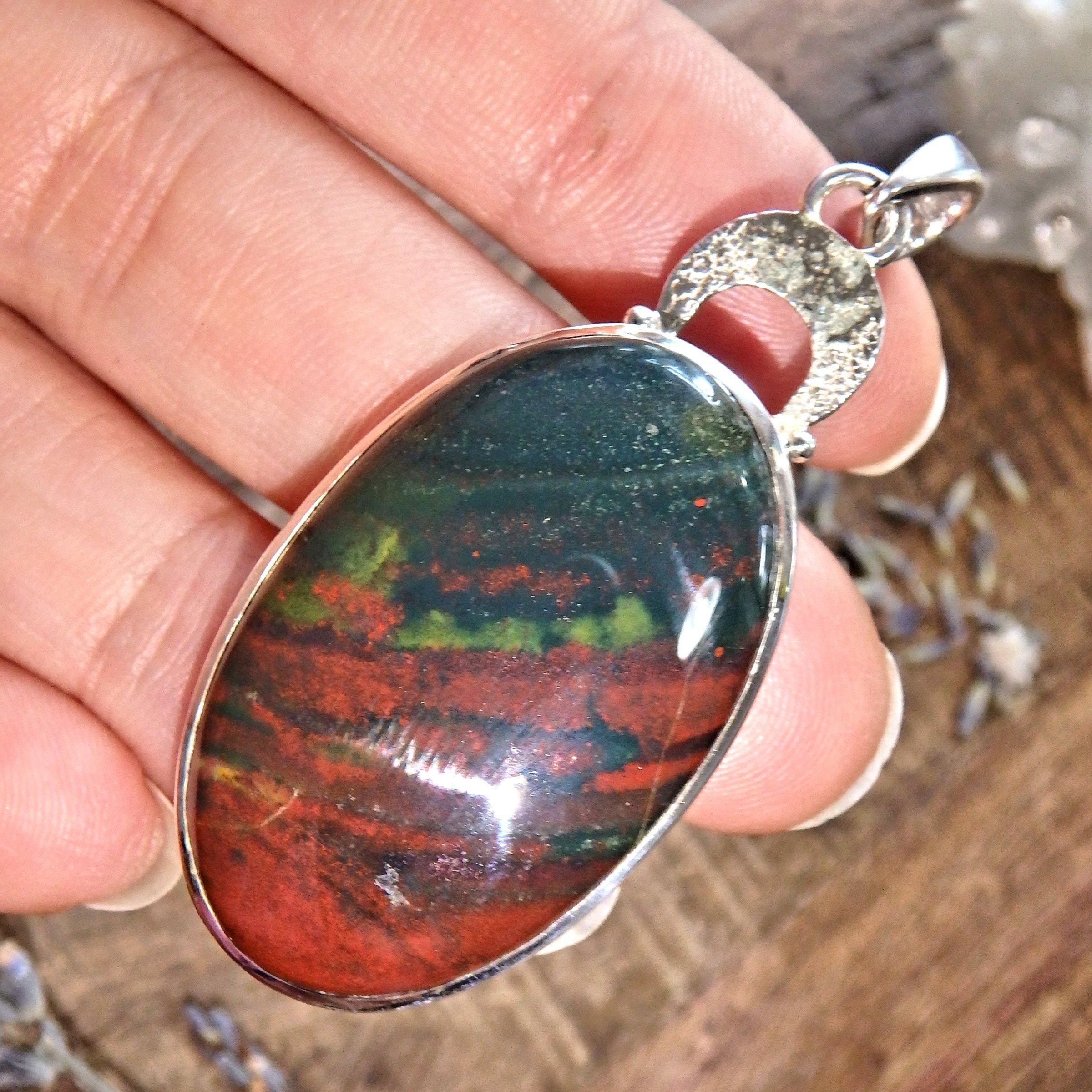 Deep Green & Burgundy Bloodstone Sterling Silver Pendant (Includes Silver Chain) - Earth Family Crystals